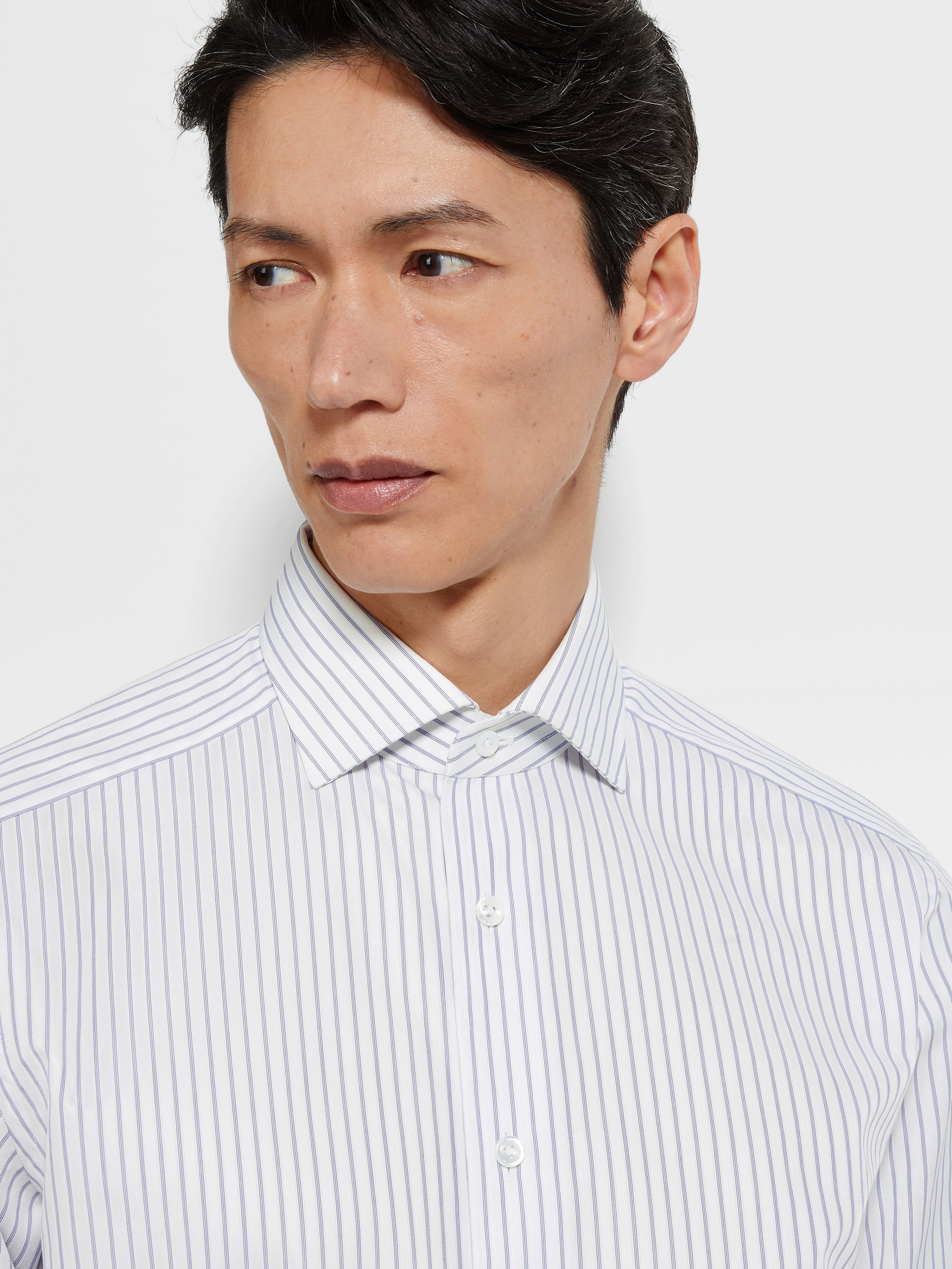 Navy Blue and White Structured Striped Centoventimila Cotton Shirt Product detail photo #2