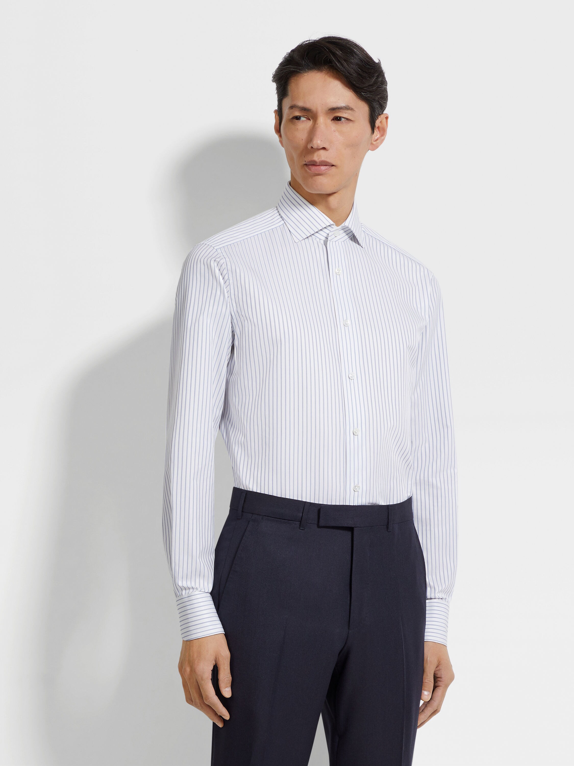 Navy Blue and White Structured Striped Centoventimila Cotton Shirt Product detail photo #3