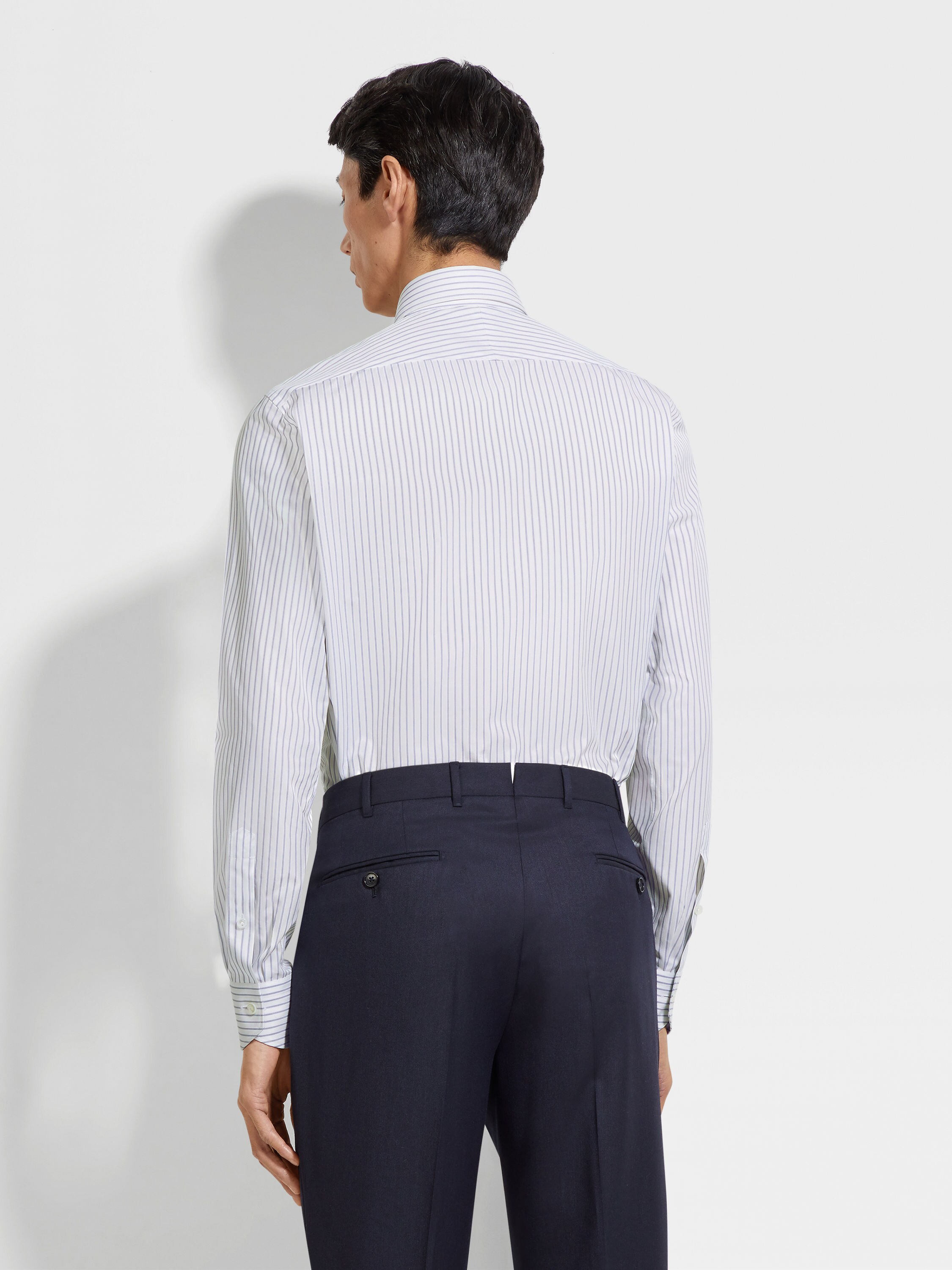 Navy Blue and White Structured Striped Centoventimila Cotton Shirt Product detail photo #4