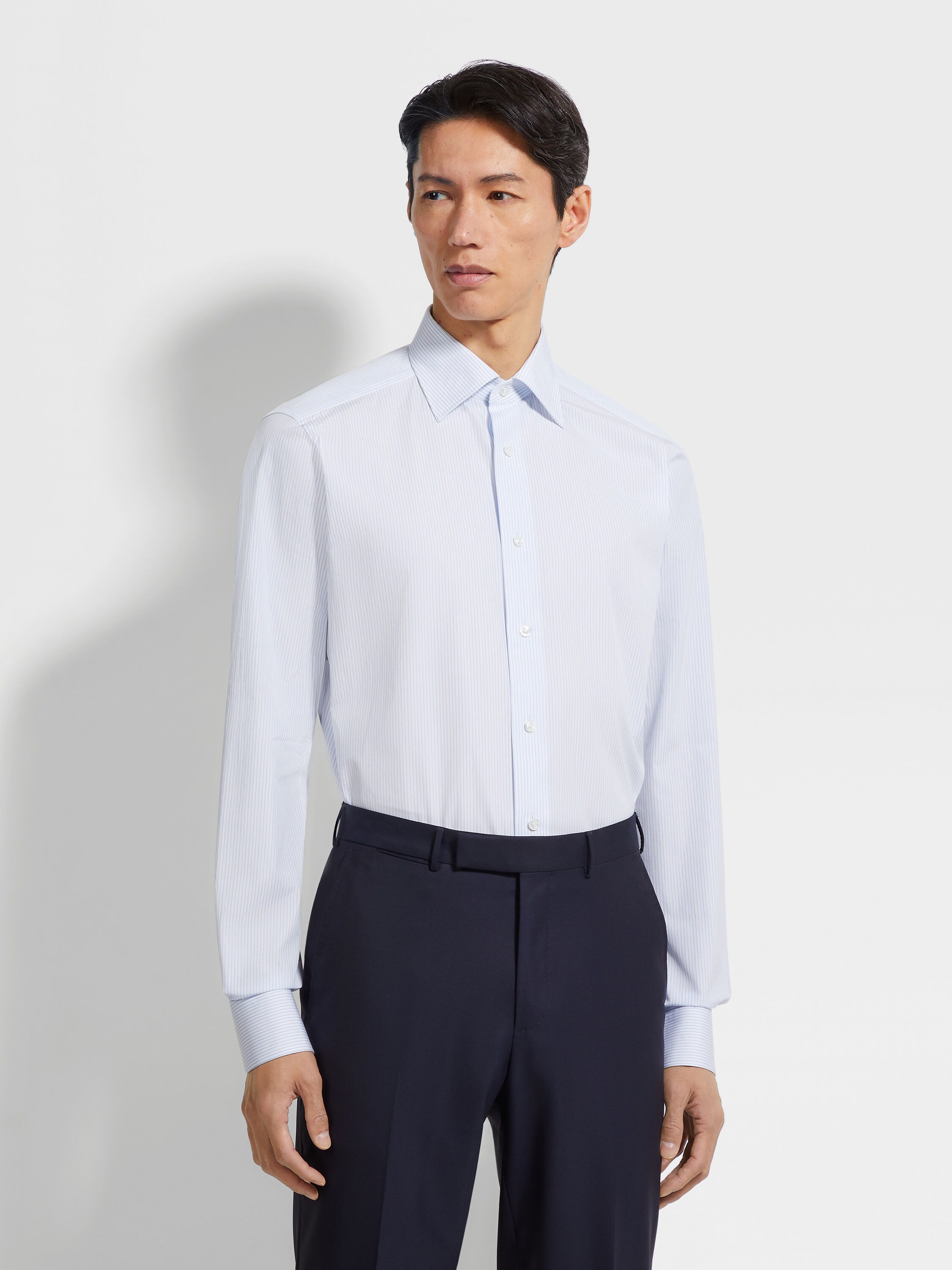 Light Blue and White Micro-striped Centoventimila Cotton Shirt Product detail photo #2