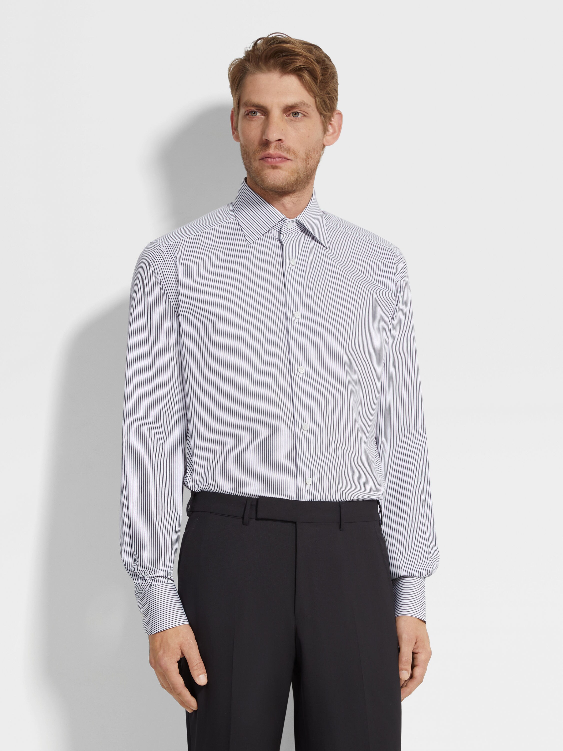 Navy Blue and White Micro-striped Centoventimila Cotton Shirt Product detail photo #2