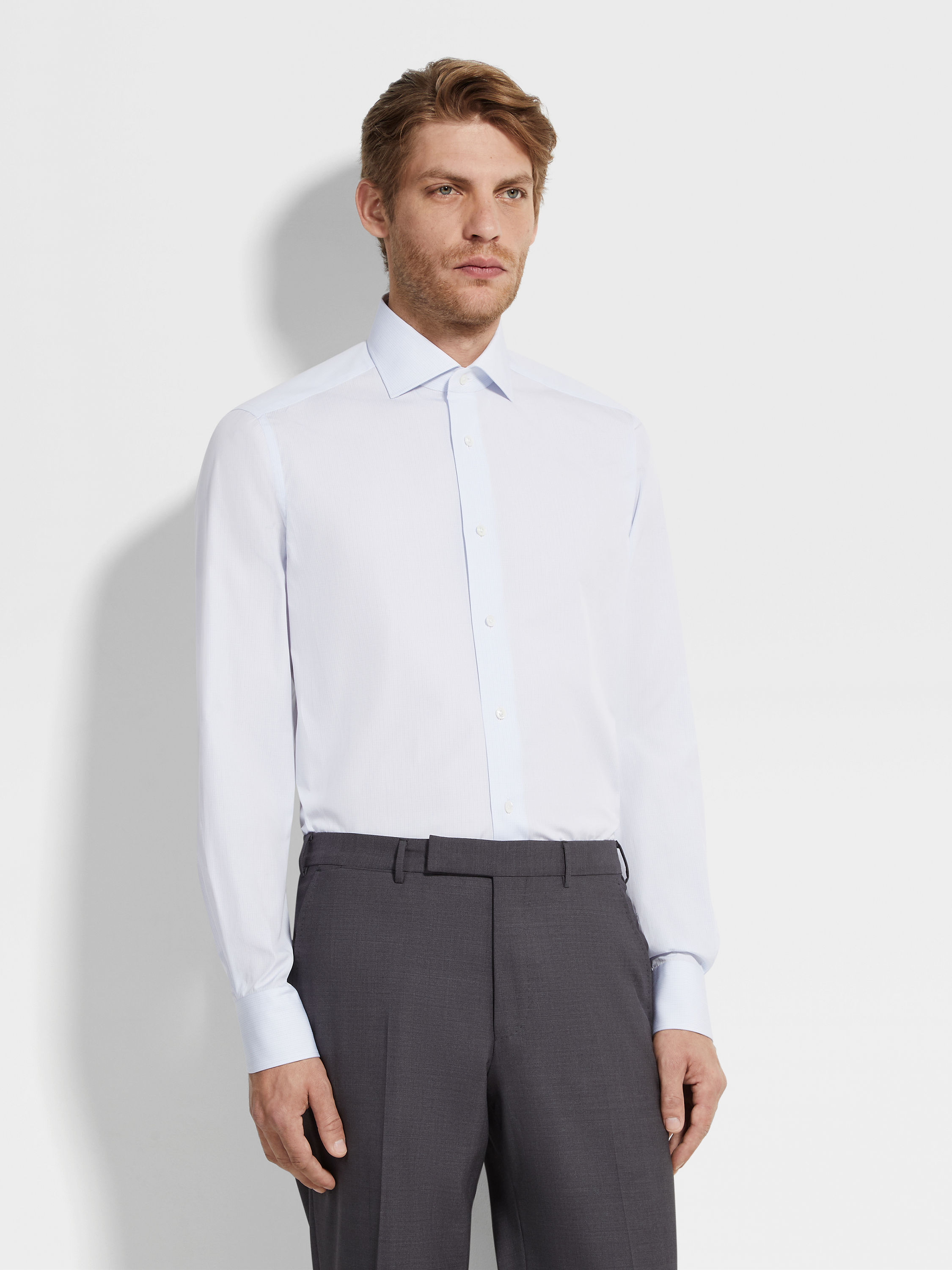 Camisa de Algodón Centoventimila con Cuadros Pequeños Azul Claro y Blanco Foto #2 de detalle del producto