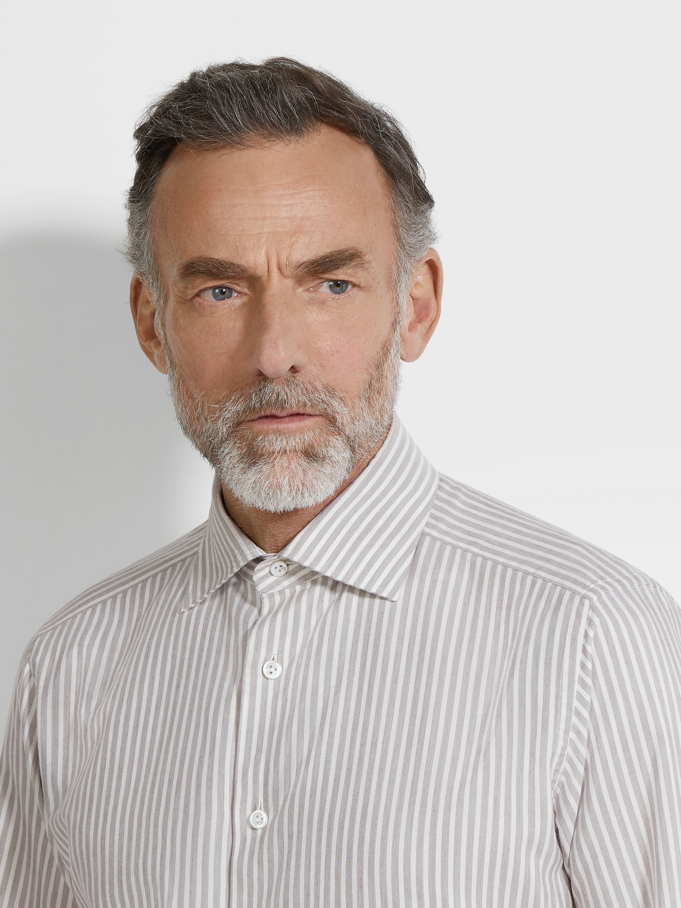 Brown and White Striped Silk and Cotton Blend Shirt Product detail photo #2