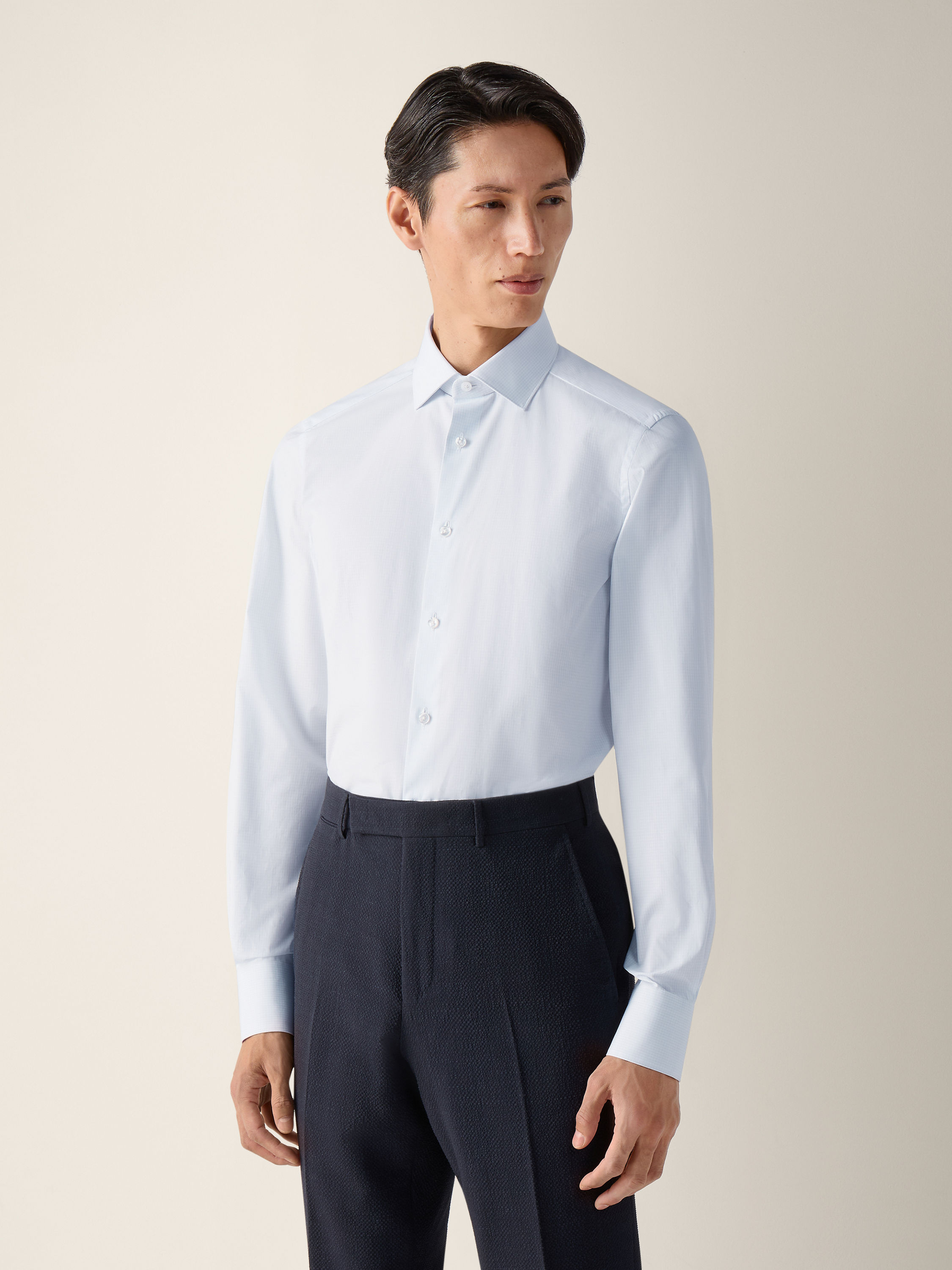 Camisa de Algodón Trecapi con Microcuadros Azul Claro y Blanco Foto #2 de detalle del producto