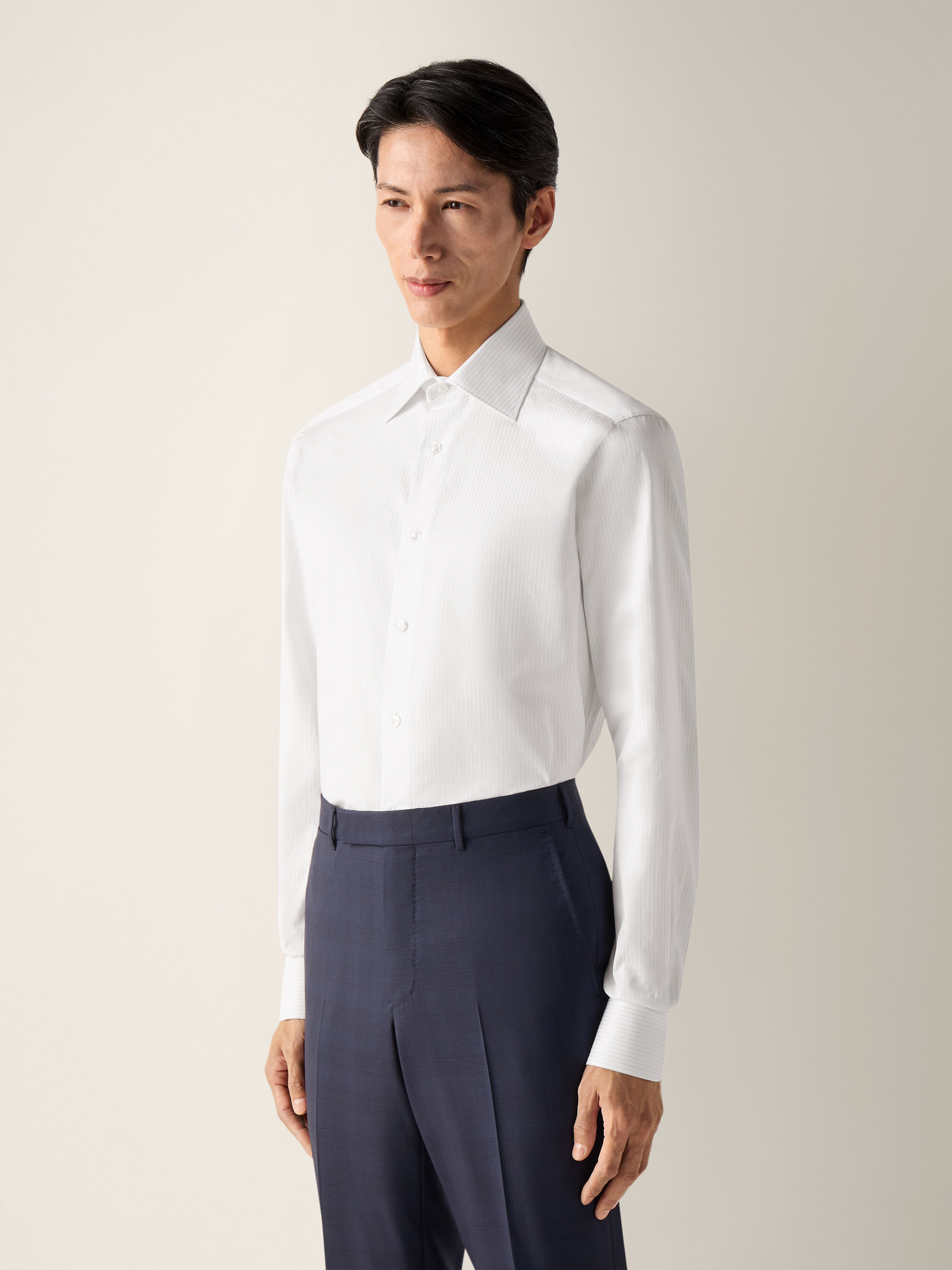 Light Blue and White Structured Striped Centoventimila Cotton Shirt Product detail photo #2