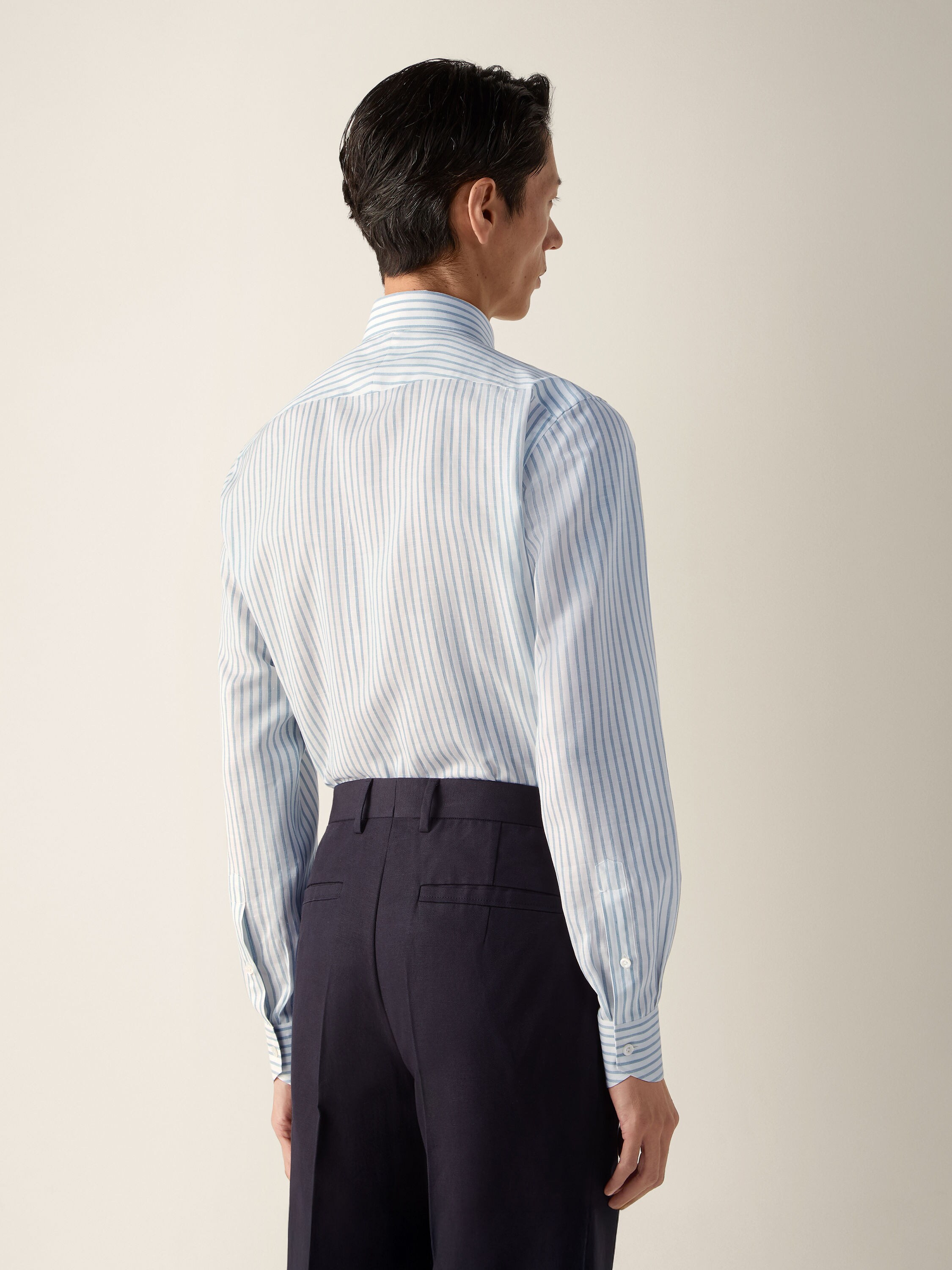 Camicia in Cotone Lino e Seta a Righe Blu Teal e Bianca Foto #3 di dettaglio del prodotto