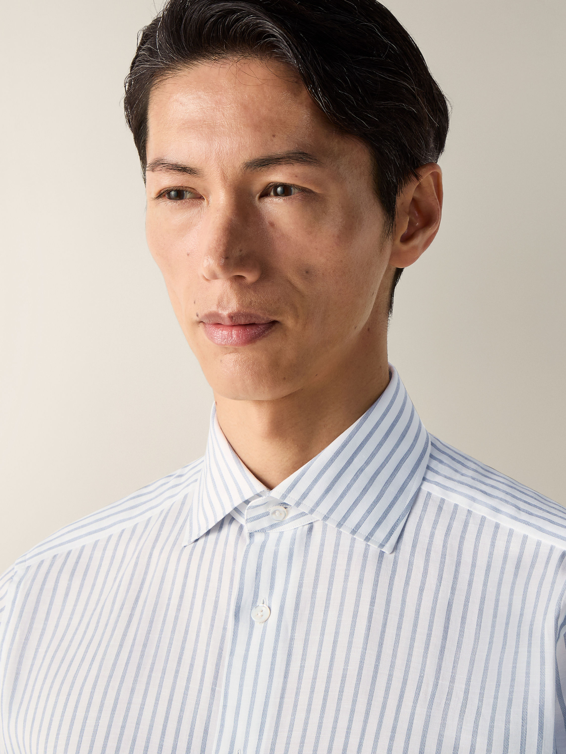 Dark Indigo Blue and White Striped Cotton Linen and Silk Shirt Product detail photo #1