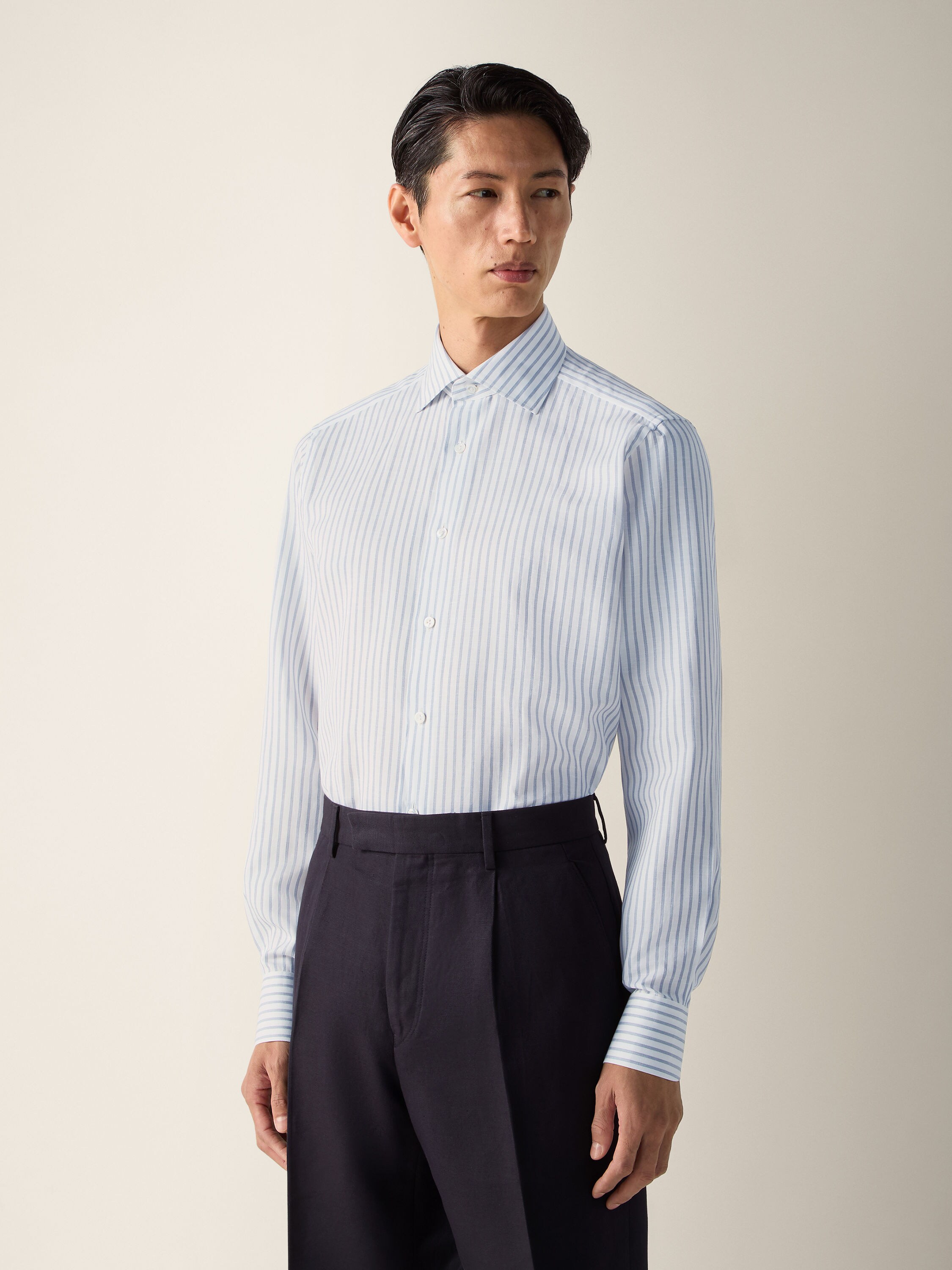 Dark Indigo Blue and White Striped Cotton Linen and Silk Shirt Product detail photo #2