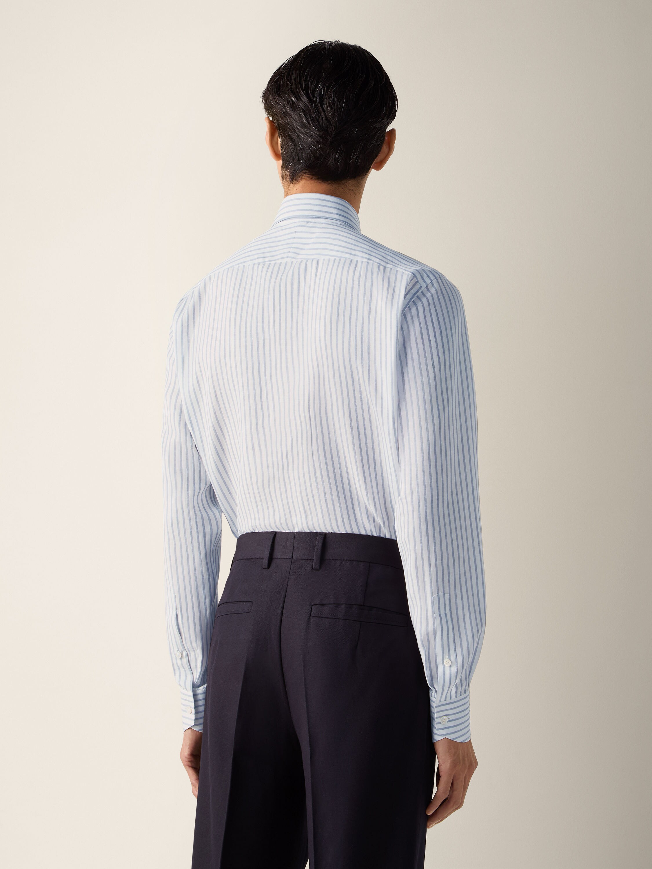 Dark Indigo Blue and White Striped Cotton Linen and Silk Shirt Product detail photo #3