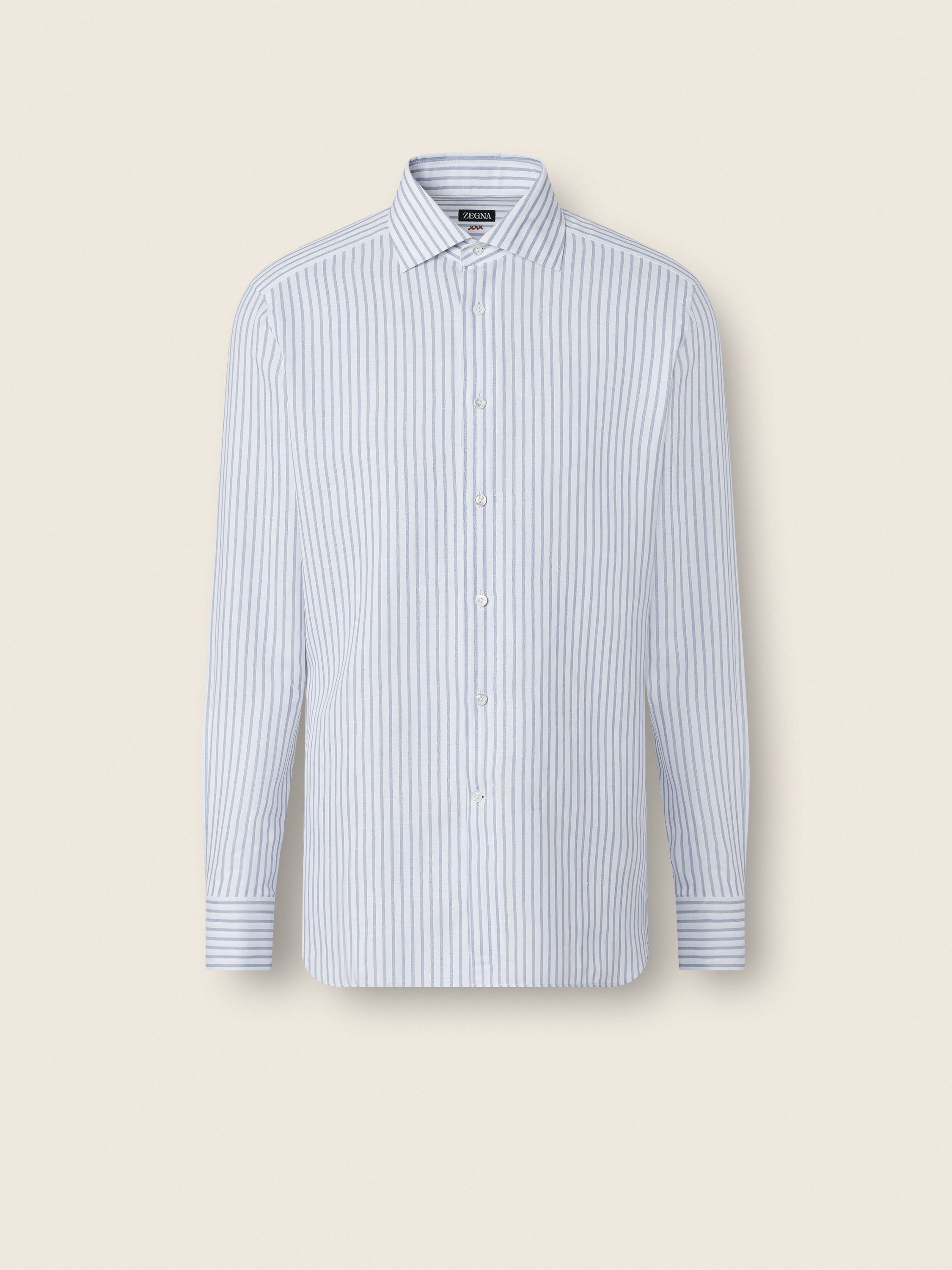 Dark Indigo Blue and White Striped Cotton Linen and Silk Shirt Main product photo