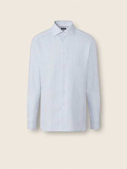 Dark Indigo Blue and White Striped Cotton Linen and Silk Shirt