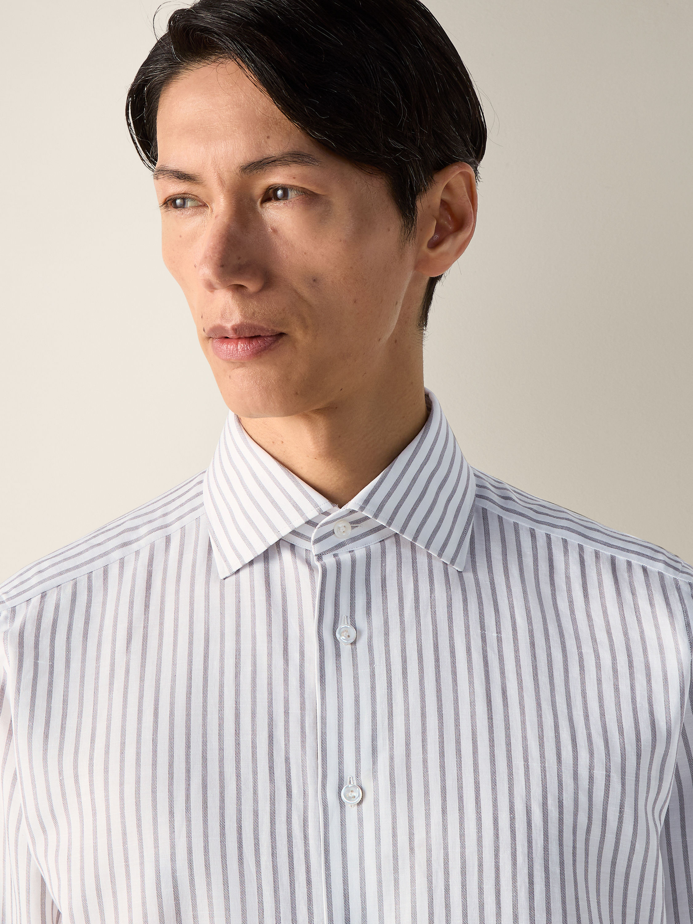 Dark Brown and White Striped Cotton Linen and Silk Shirt Product detail photo #1