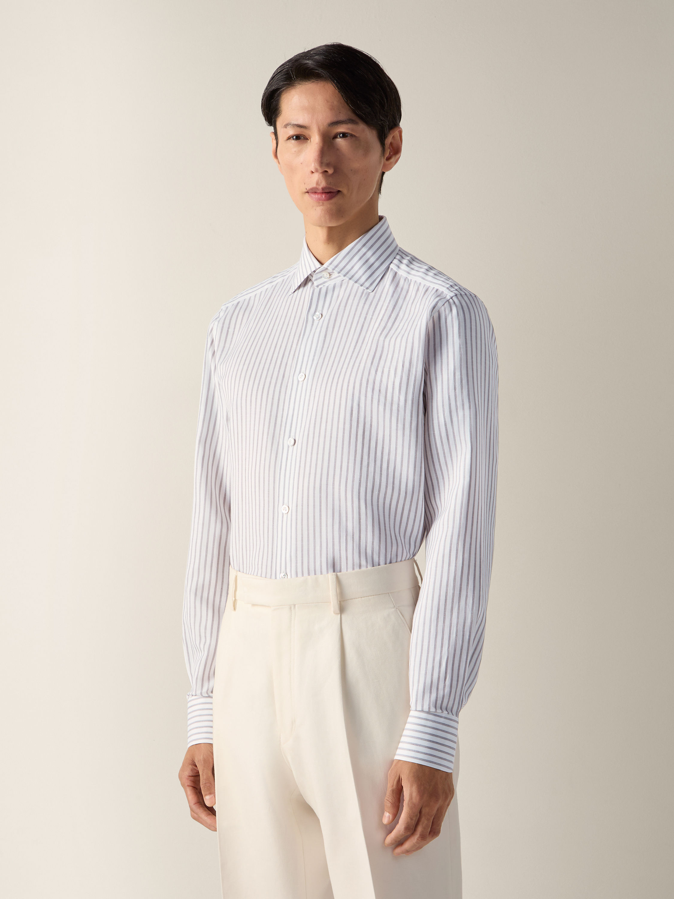 Dark Brown and White Striped Cotton Linen and Silk Shirt Product detail photo #2