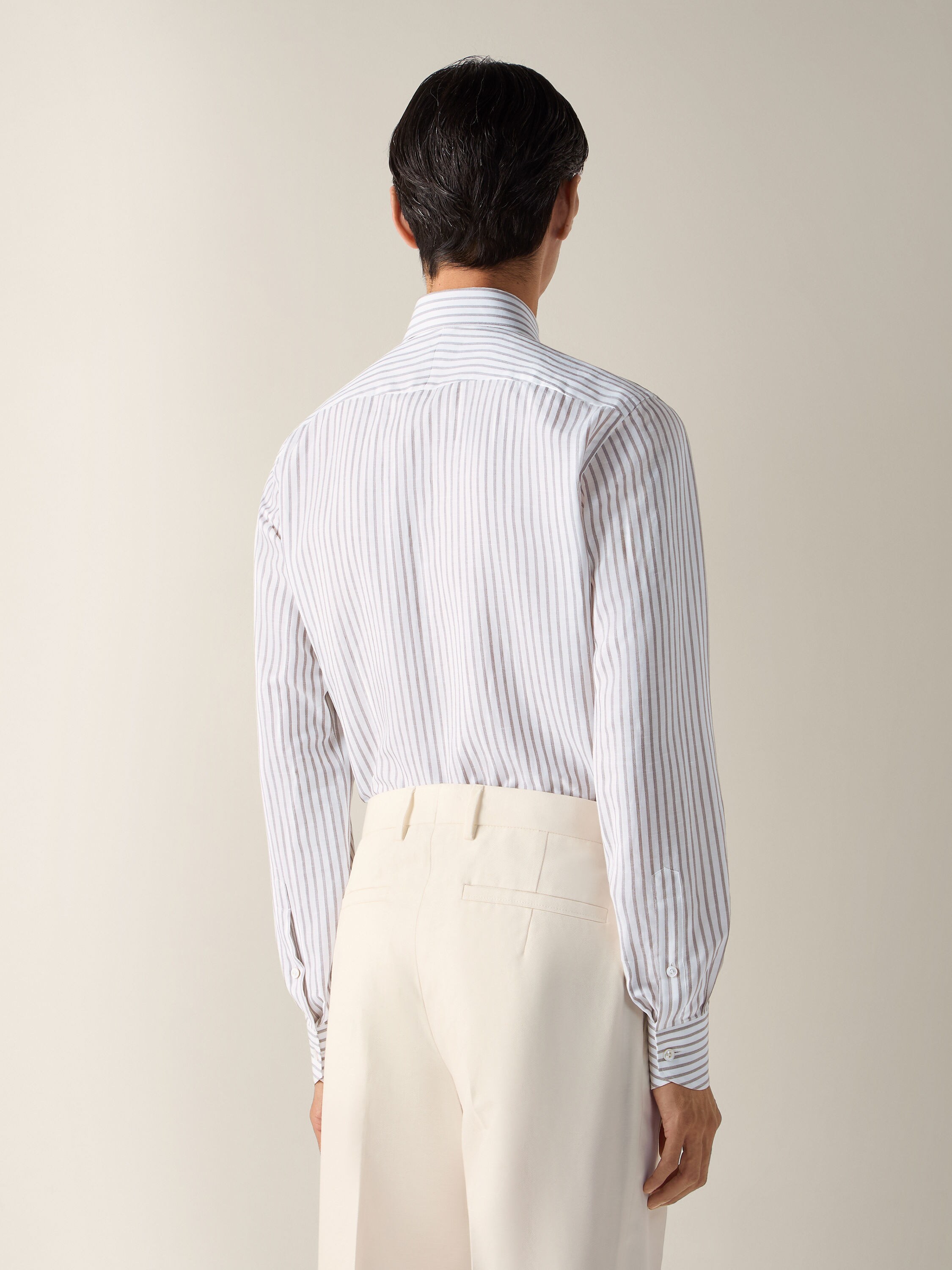 Dark Brown and White Striped Cotton Linen and Silk Shirt Product detail photo #3