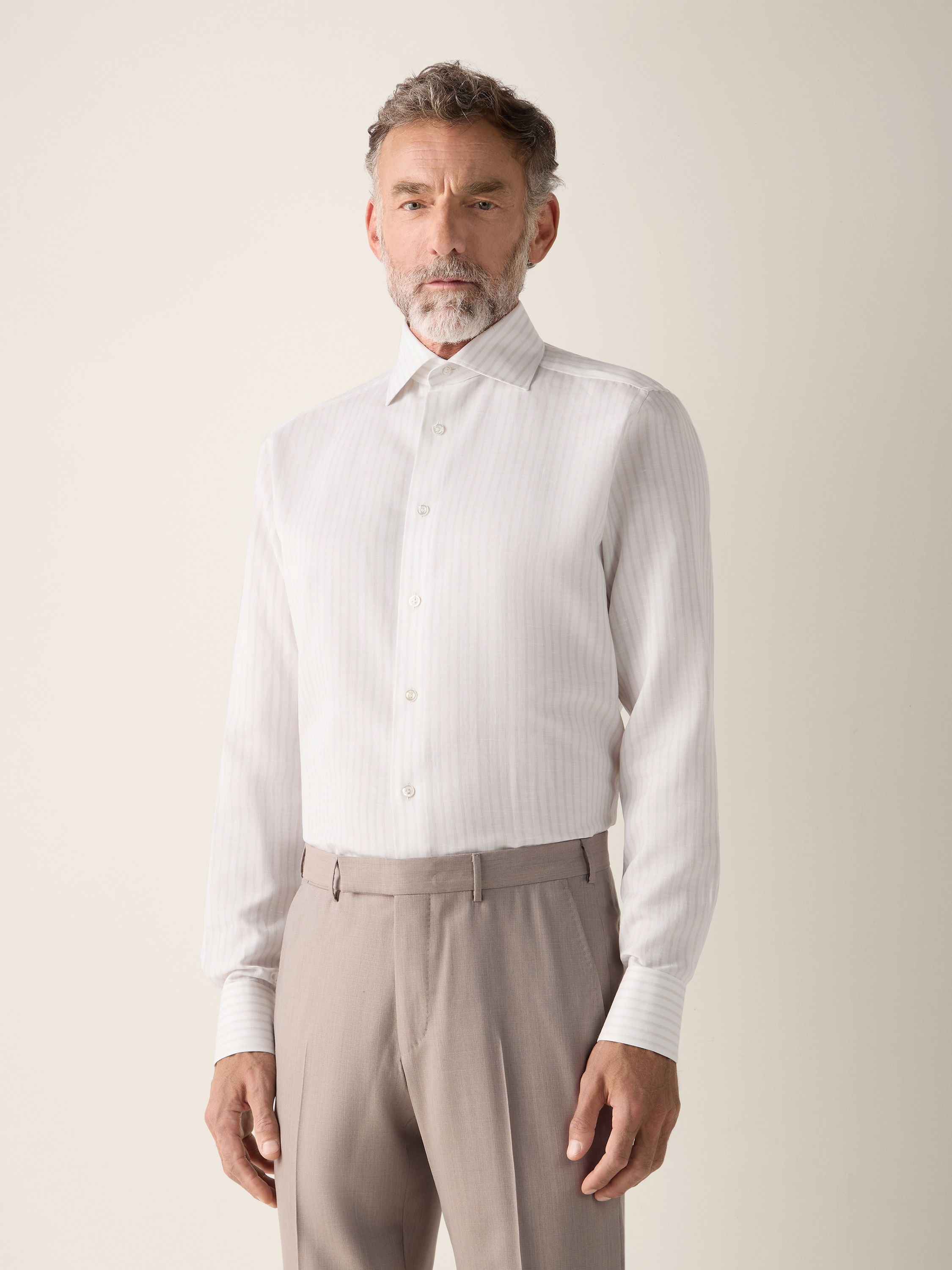 Camicia in Cotone Lino e Seta a Righe Tortora Chiaro e Bianca Foto #2 di dettaglio del prodotto