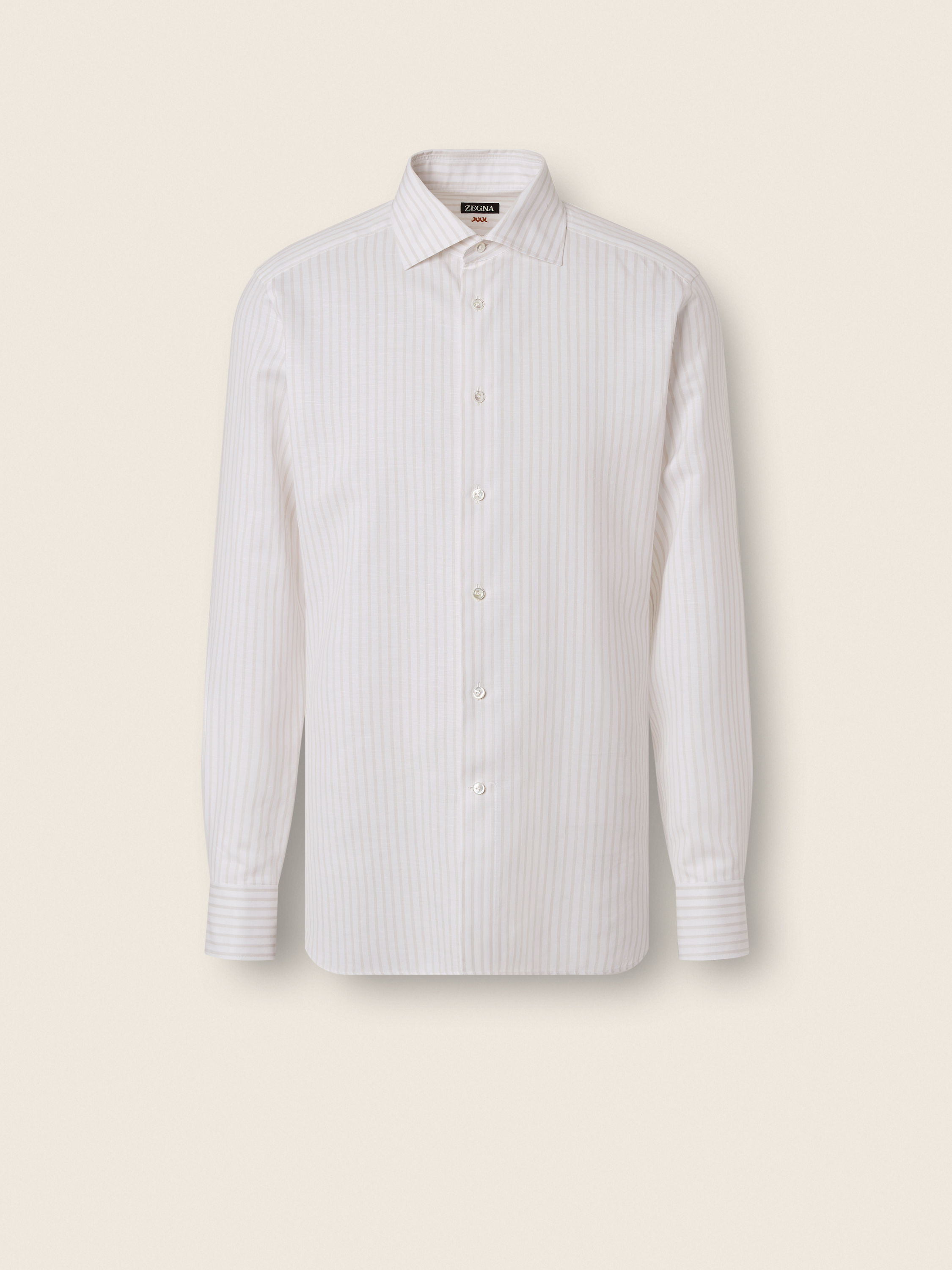 Camicia in Cotone Lino e Seta a Righe Tortora Chiaro e Bianca Foto principale del prodotto