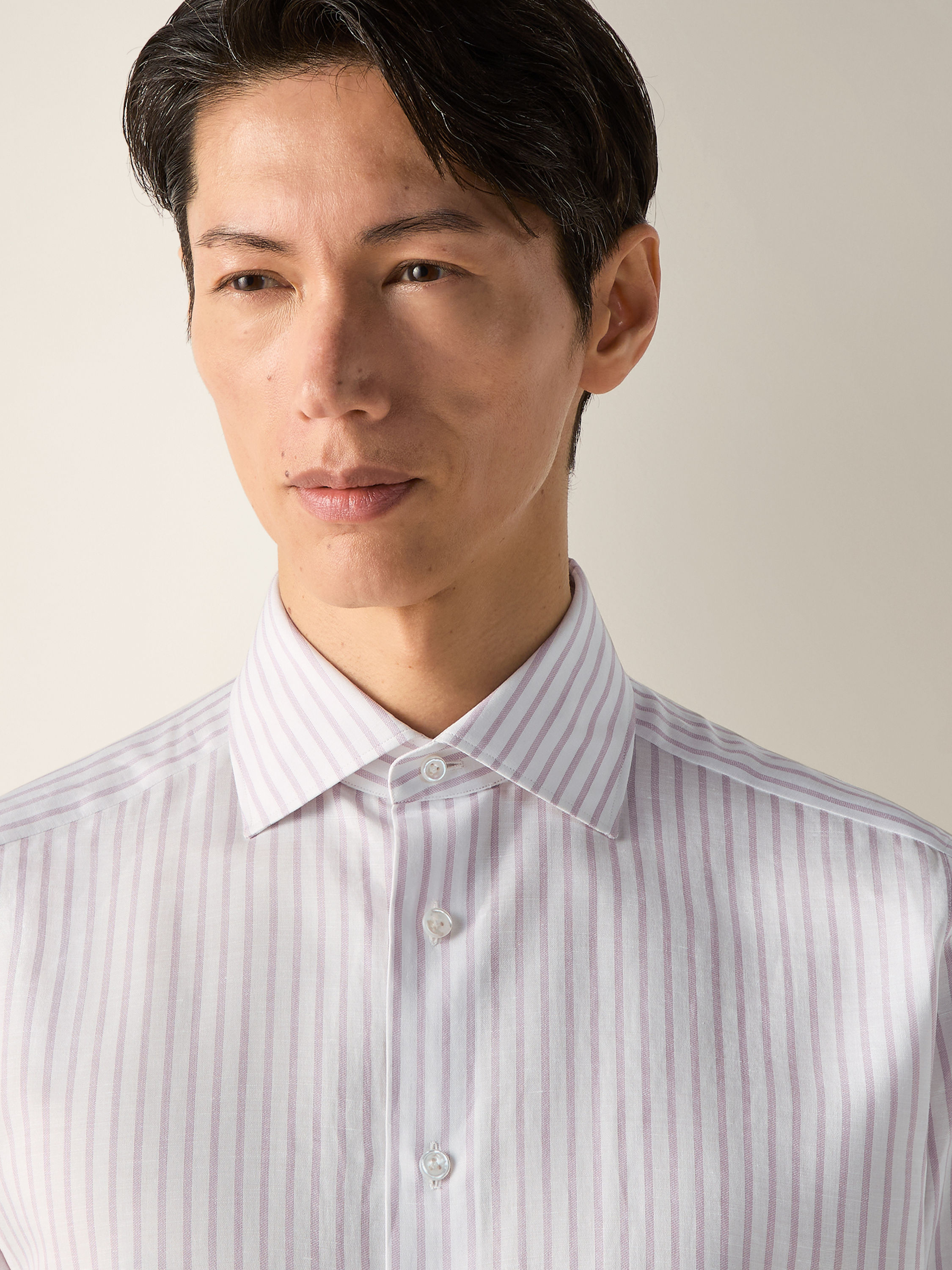 Camicia in Cotone Lino e Seta a Righe Rosa Scuro e Bianca Foto #1 di dettaglio del prodotto