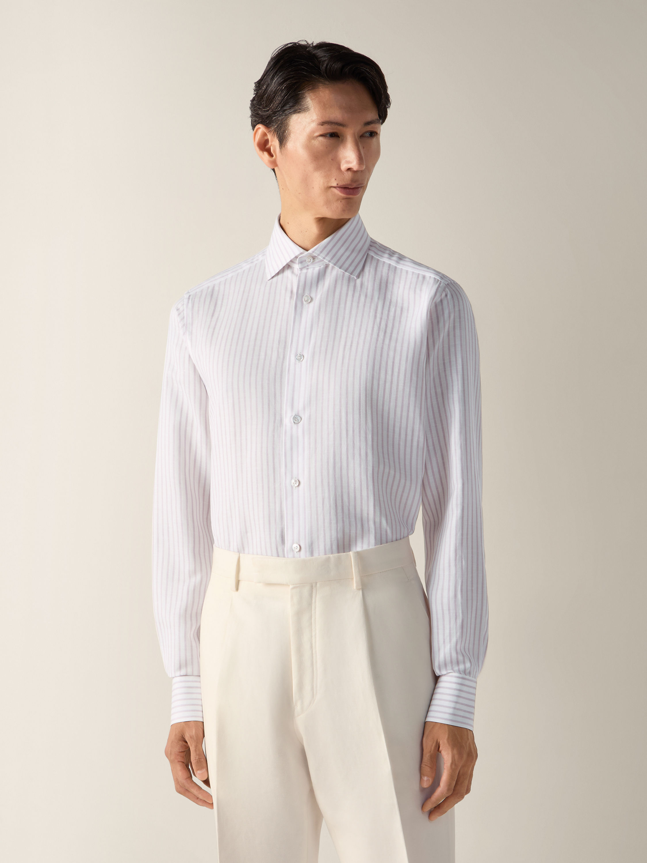 Camicia in Cotone Lino e Seta a Righe Rosa Scuro e Bianca Foto #2 di dettaglio del prodotto