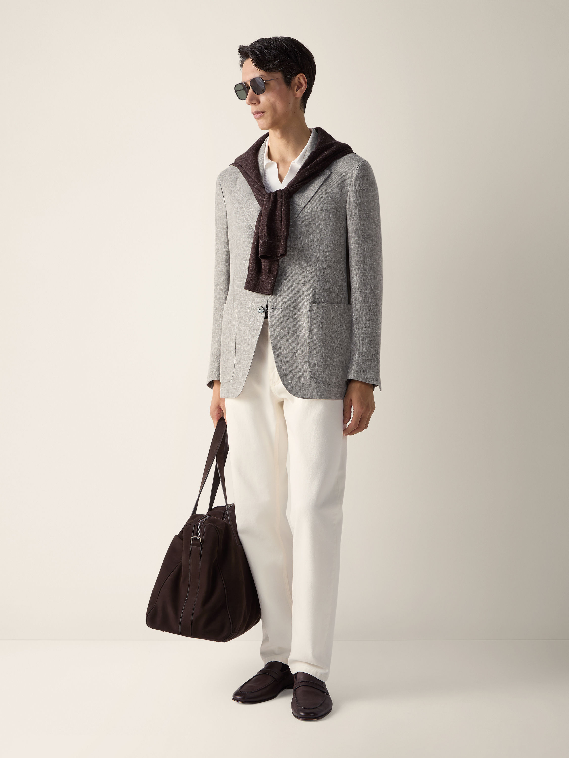 Giacca in Blend di Lino Lana e Seta Crossover Tortora Scuro e Bianco Foto #1 di dettaglio del prodotto