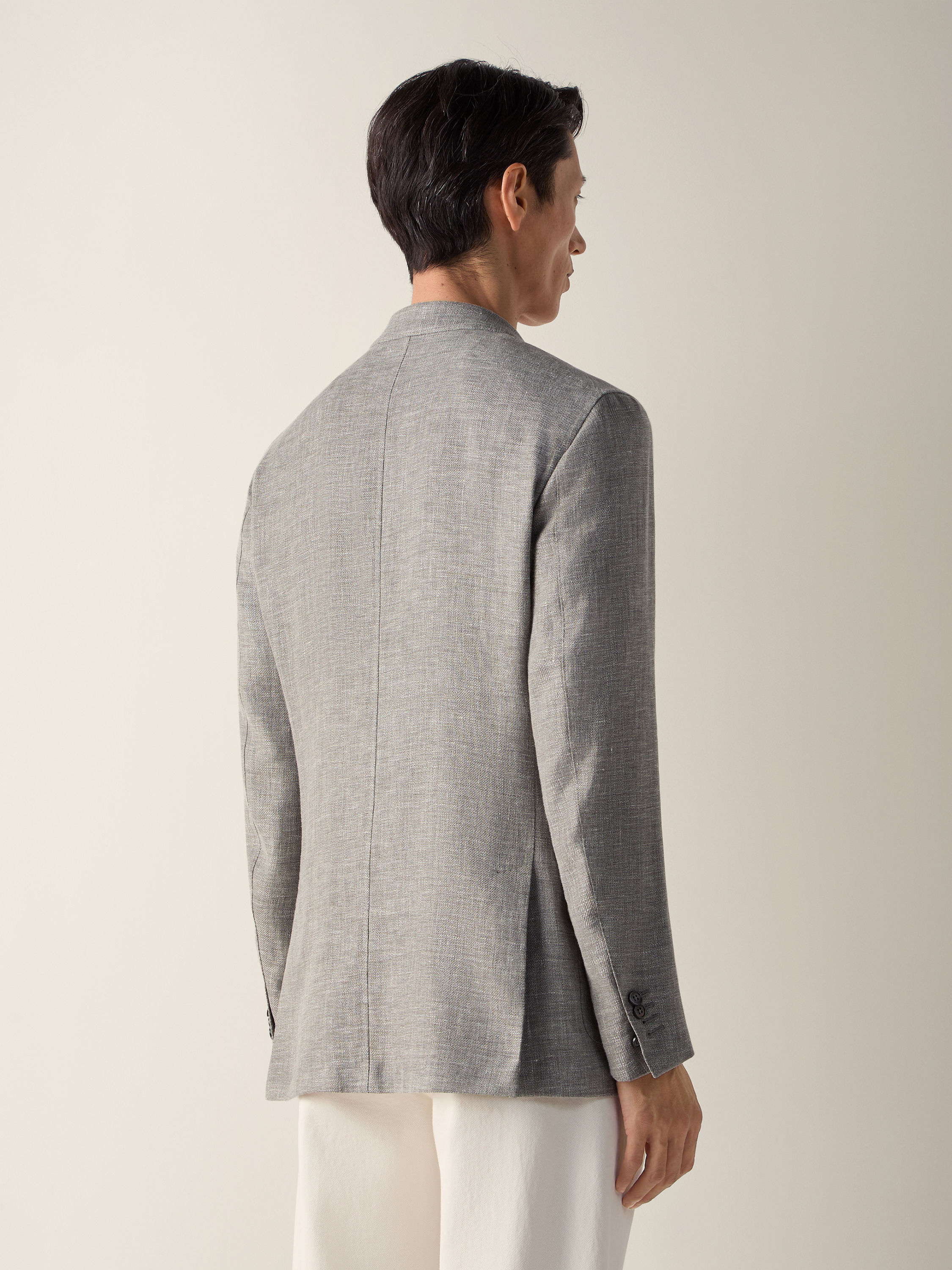 Giacca in Blend di Lino Lana e Seta Crossover Tortora Scuro e Bianco Foto #5 di dettaglio del prodotto