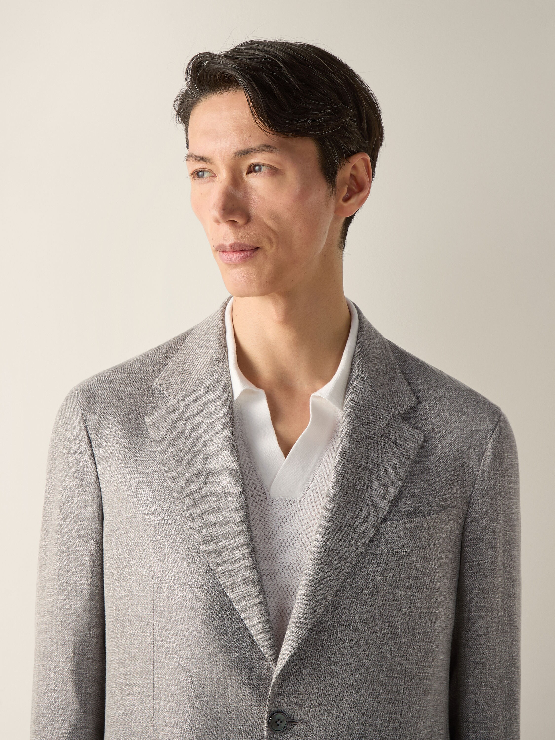 Giacca in Blend di Lino Lana e Seta Crossover Tortora Scuro e Bianco Foto #2 di dettaglio del prodotto