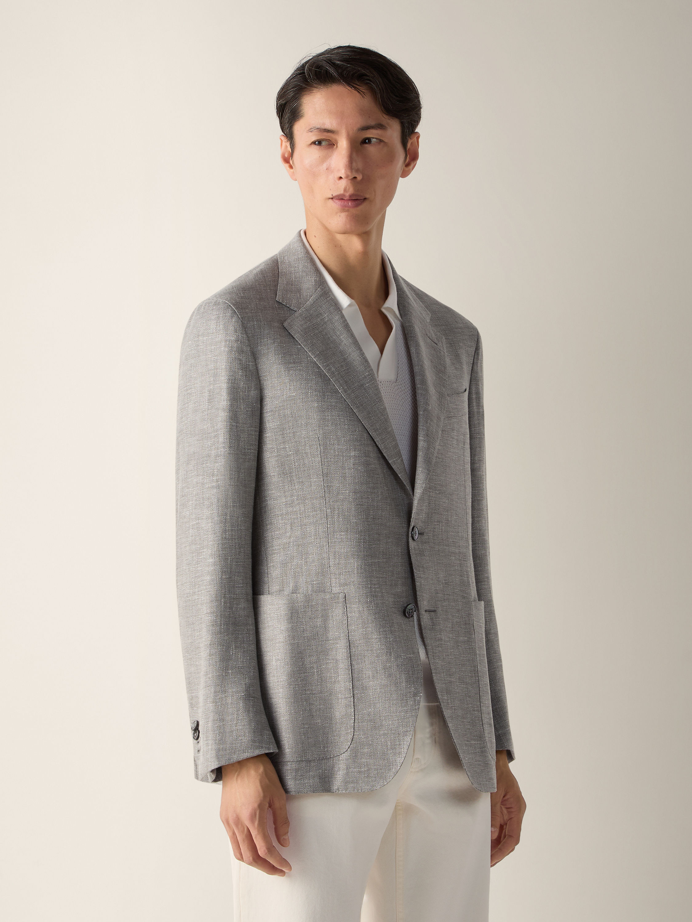 Giacca in Blend di Lino Lana e Seta Crossover Tortora Scuro e Bianco Foto #3 di dettaglio del prodotto