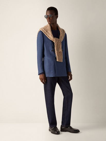 Dark Blue Crossover Linen Wool and Silk Jacket SS26 37145767