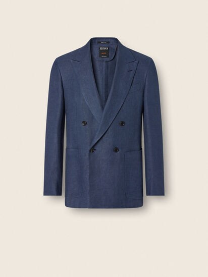 Dark Blue Crossover Linen Wool and Silk Jacket SS26 37145767