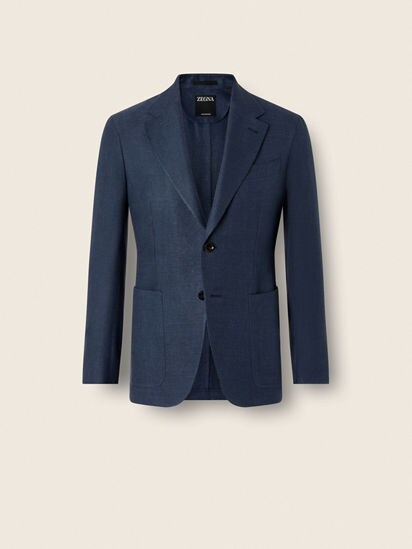 Dark Blue Crossover Linen Wool and Silk Jacket SS26 37146258