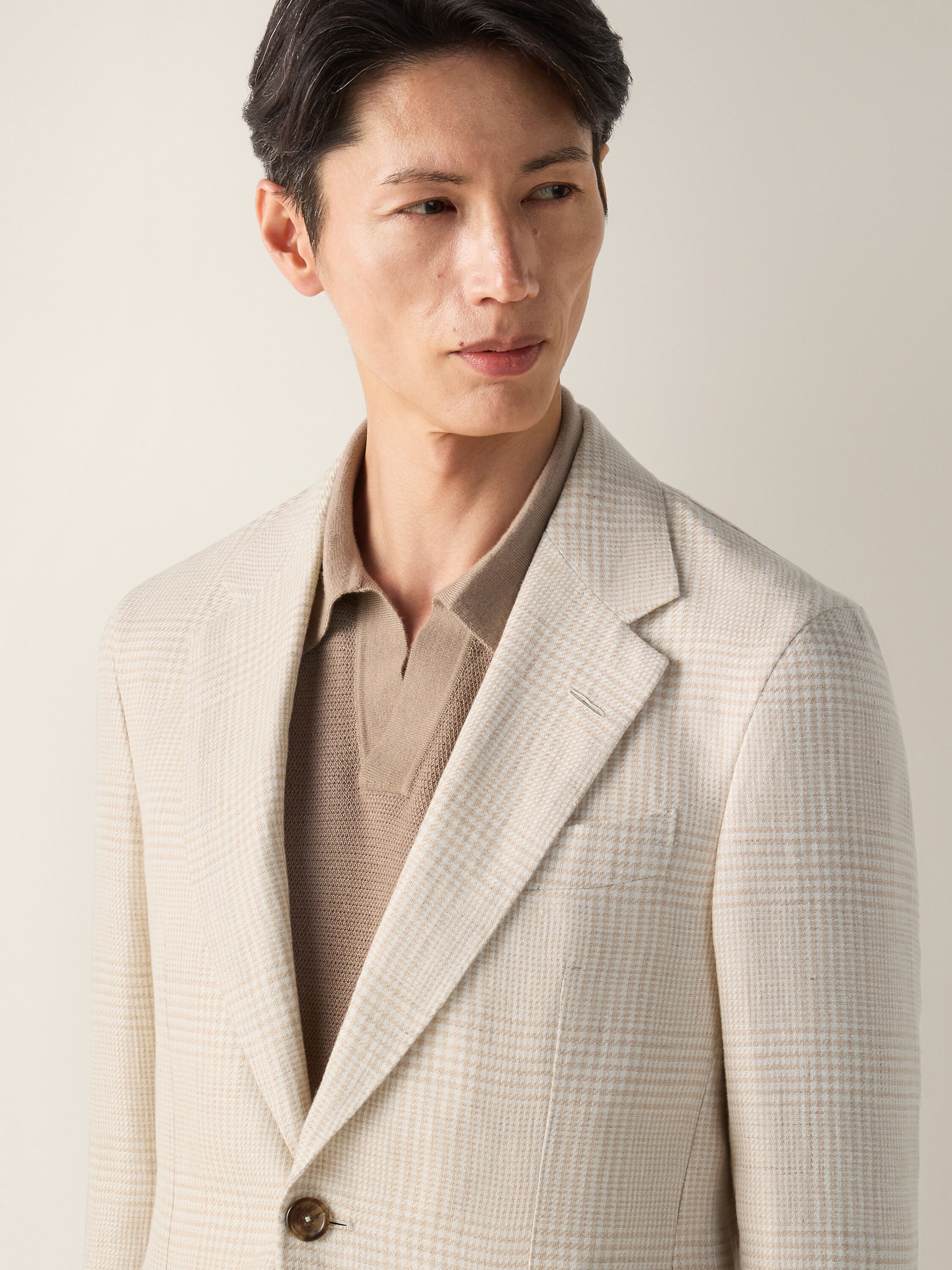 Beige and White Crossover Linen Wool and Silk Jacket Product detail photo #2