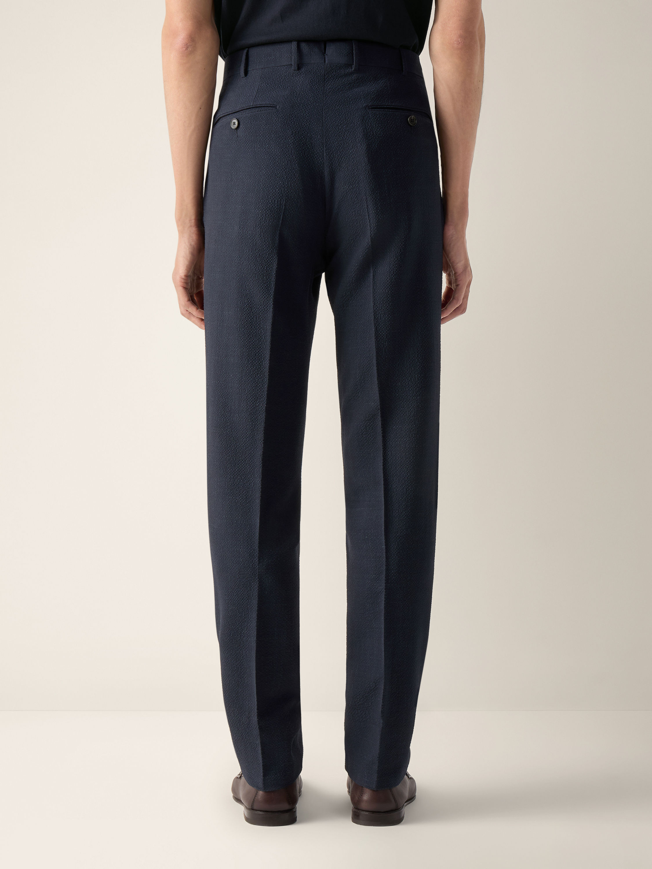 海军蓝 Trofeo 泡泡纱弹力羊毛、桑蚕丝及亚麻长裤 产品细节图 #4