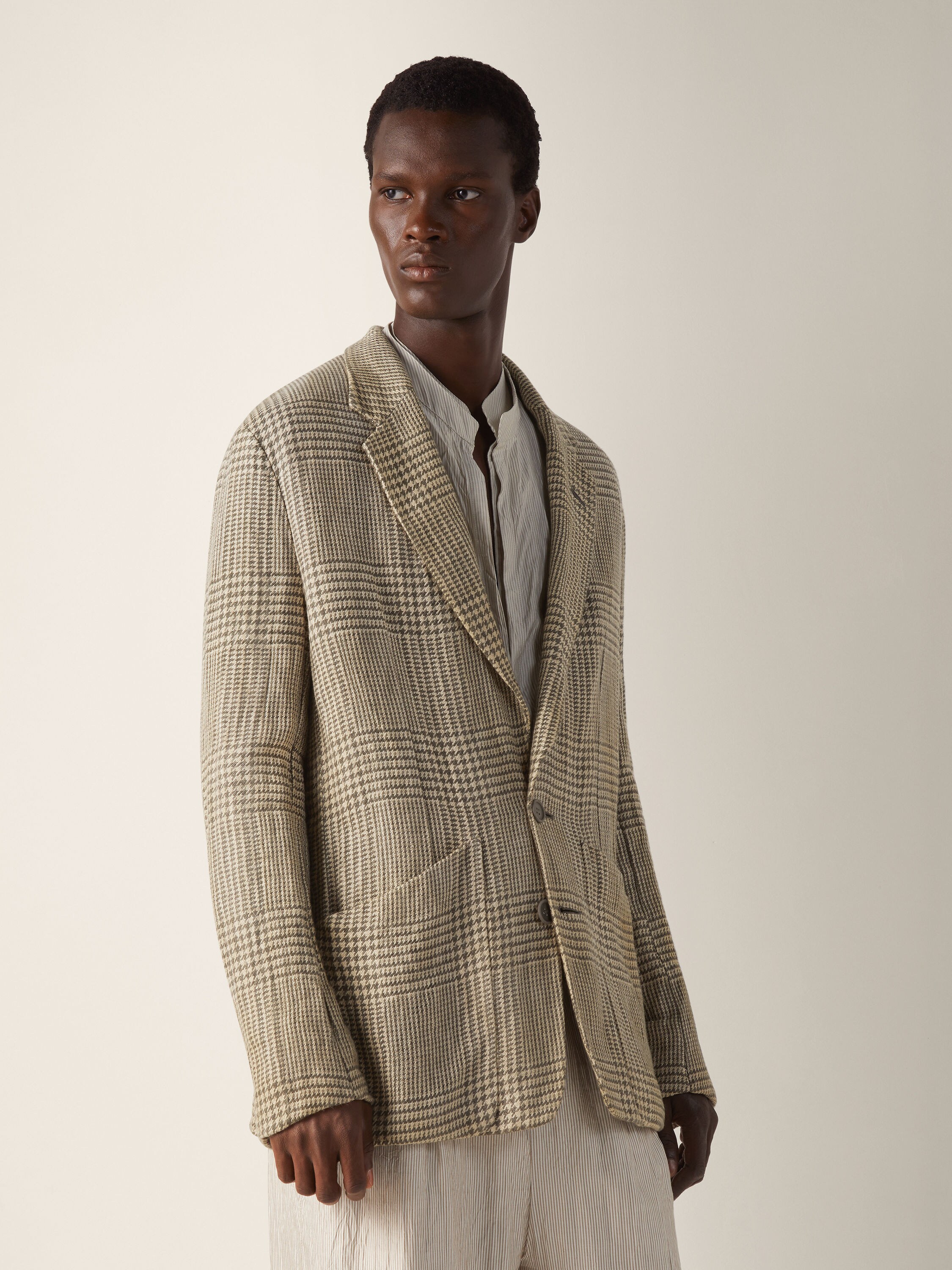 Giacca in Lino Lana e Seta Crossover Verde Oliva e Bianco Foto #3 di dettaglio del prodotto