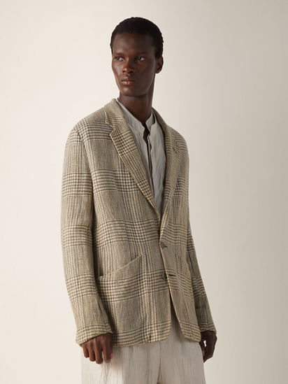 Olive Green and White Crossover Linen Wool and Silk Jacket SS26
