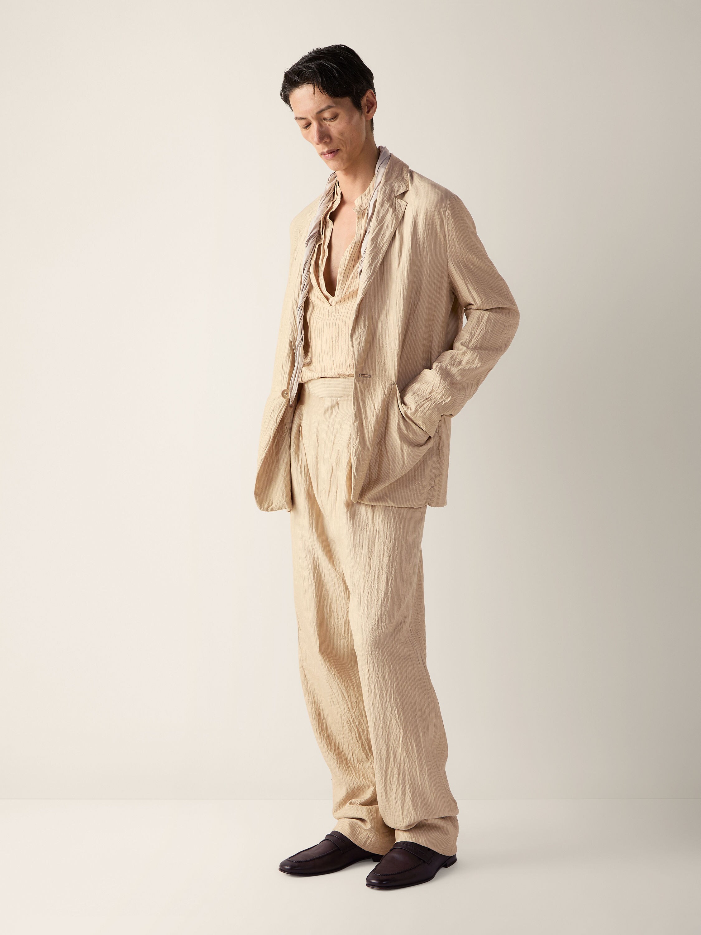 Beige and Brown Striped Silk Shirt Product detail photo #1