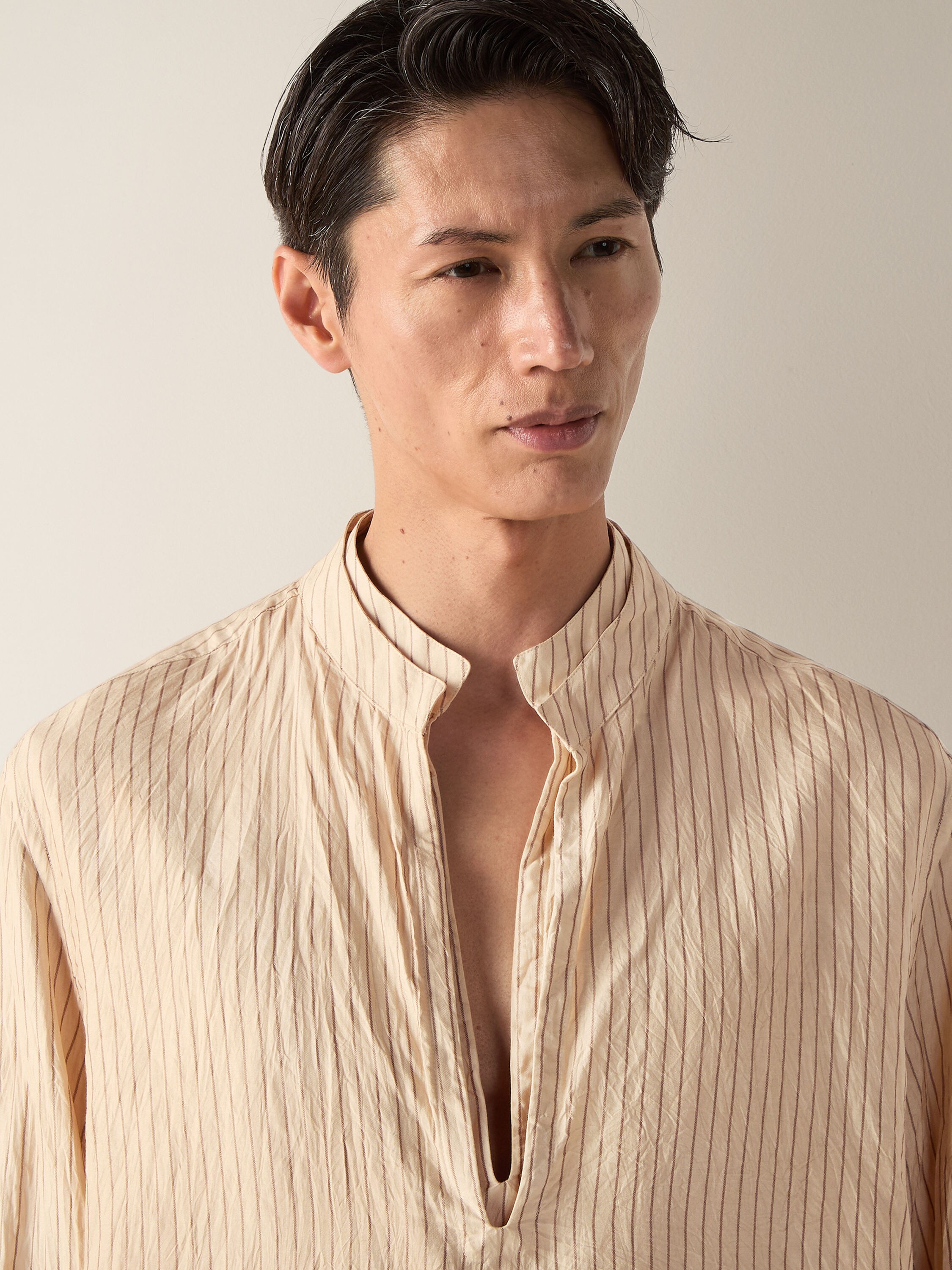 Beige and Brown Striped Silk Shirt Product detail photo #2