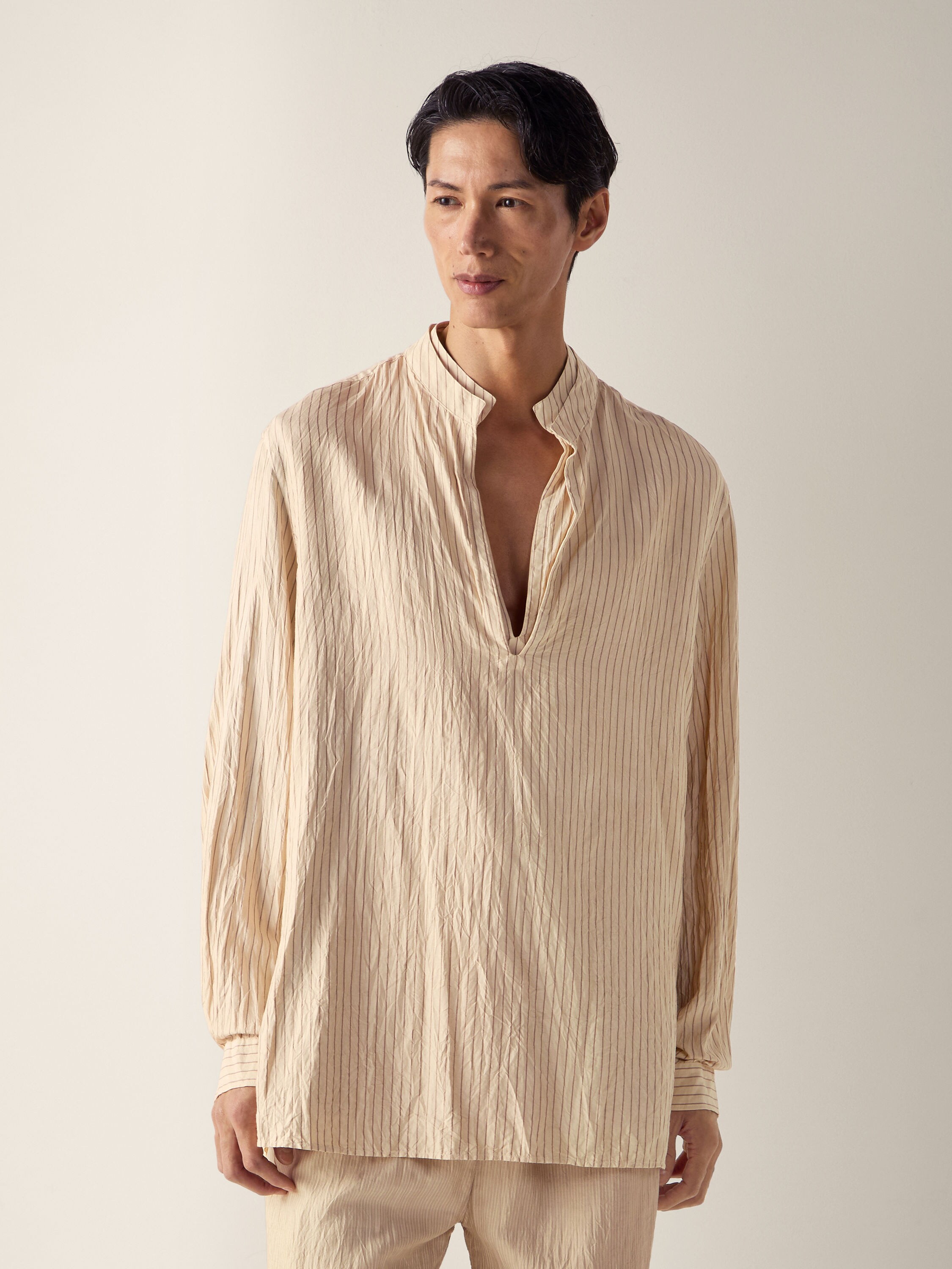 Beige and Brown Striped Silk Shirt Product detail photo #3