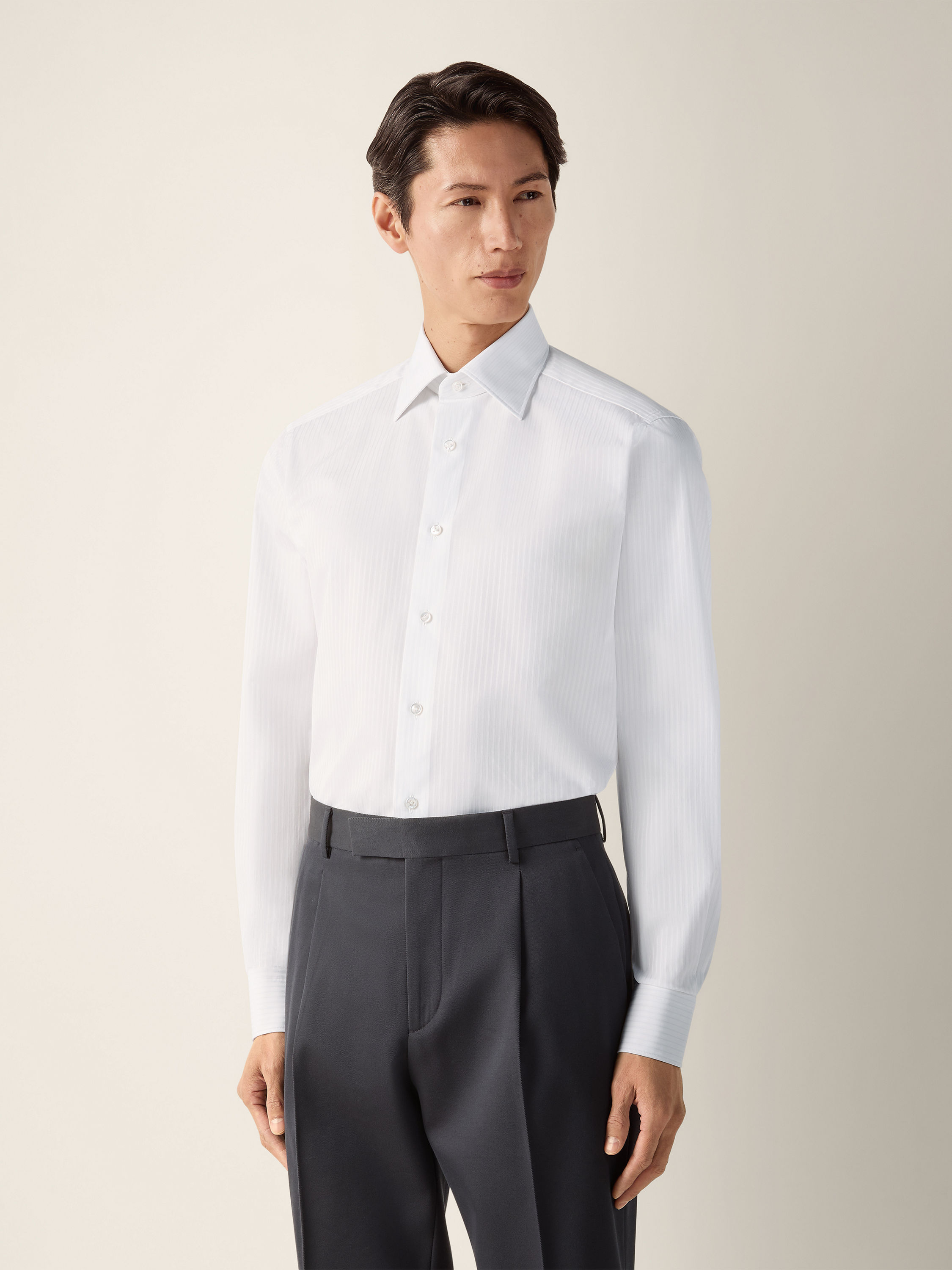 White and Light Blue Structured Striped Cotton Shirt Product detail photo #2