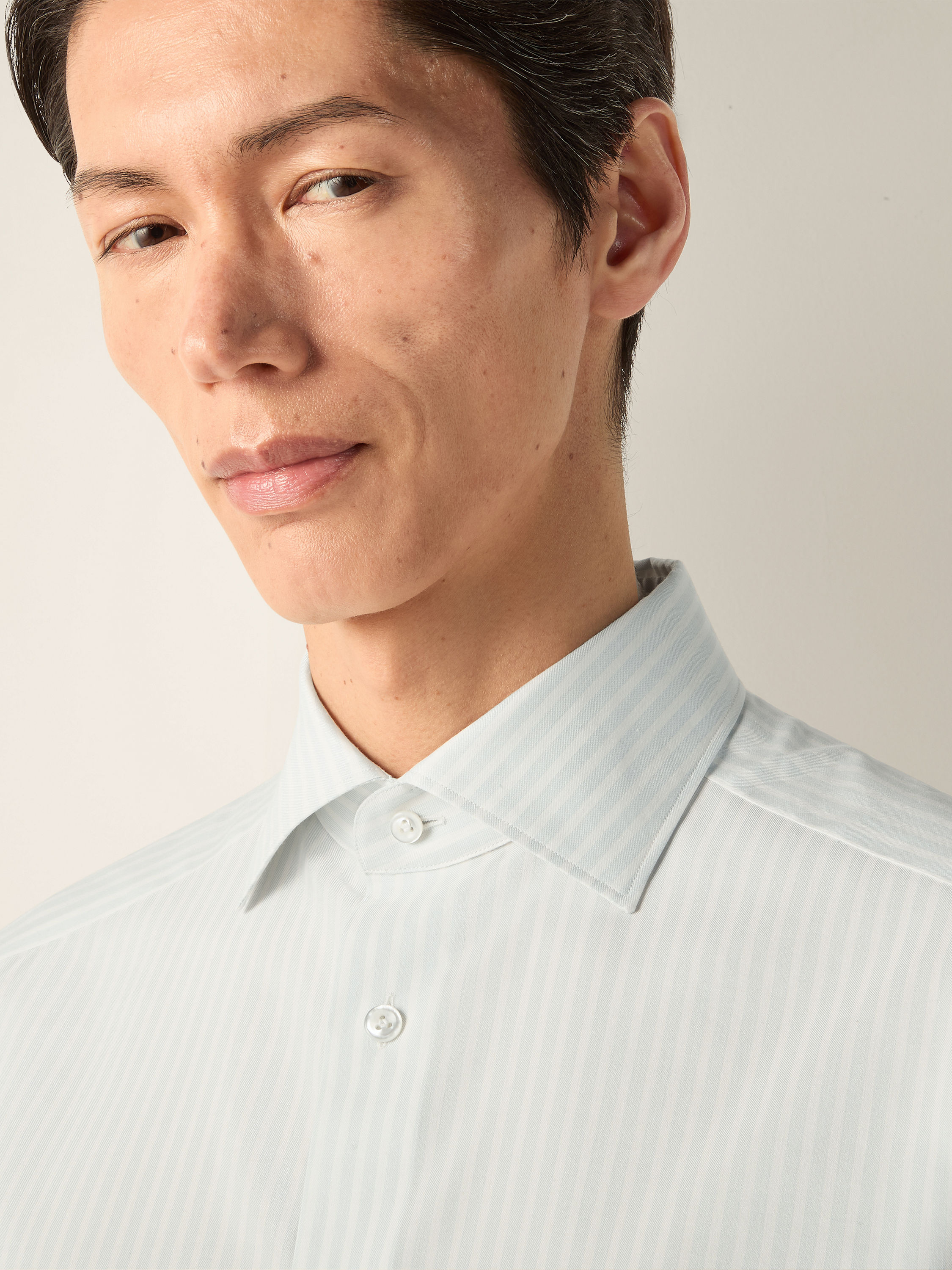 White and Light Blue Striped Silk Cotton and Cashmere Shirt Product detail photo #1