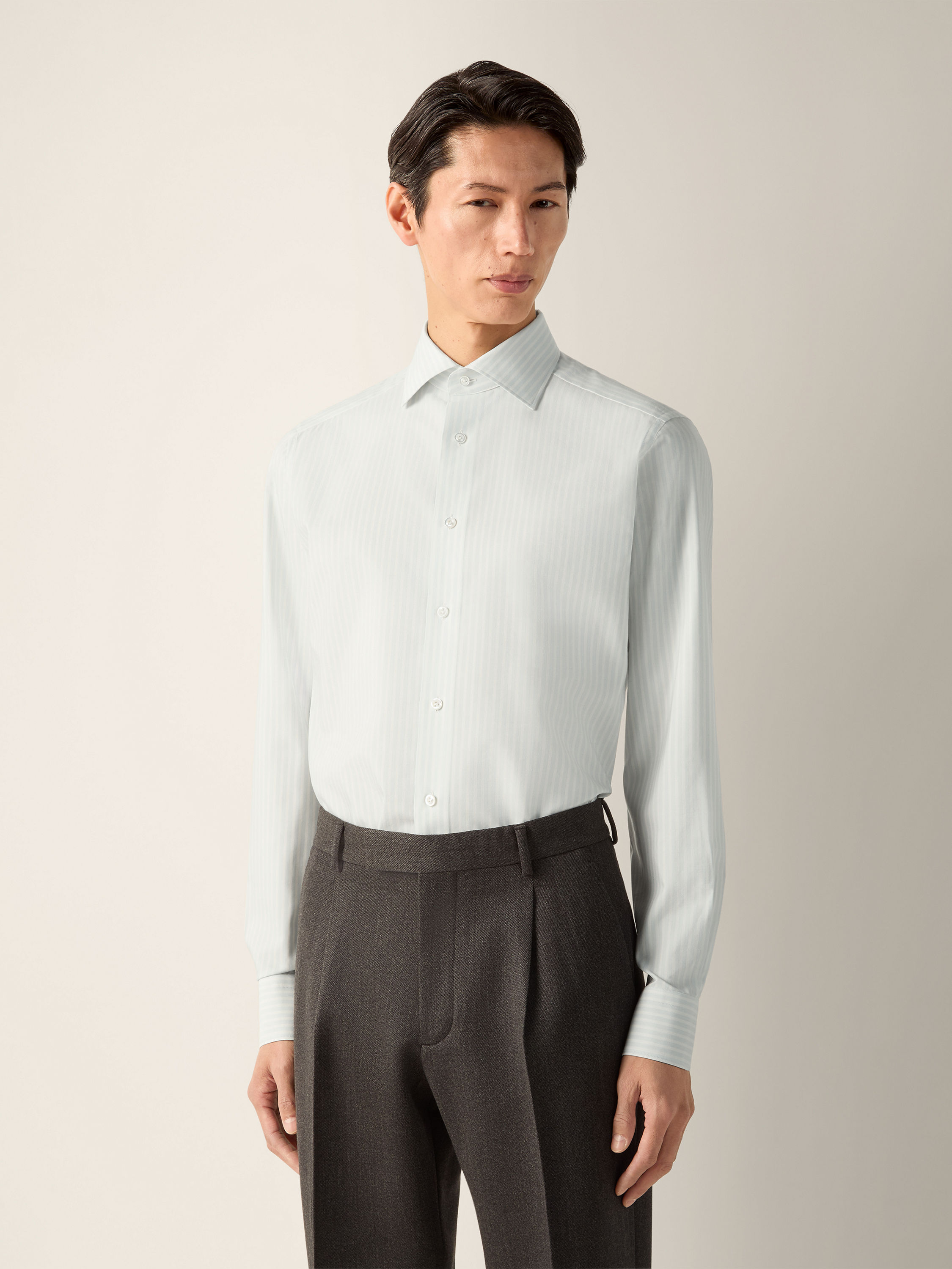 White and Light Blue Striped Silk Cotton and Cashmere Shirt Product detail photo #2