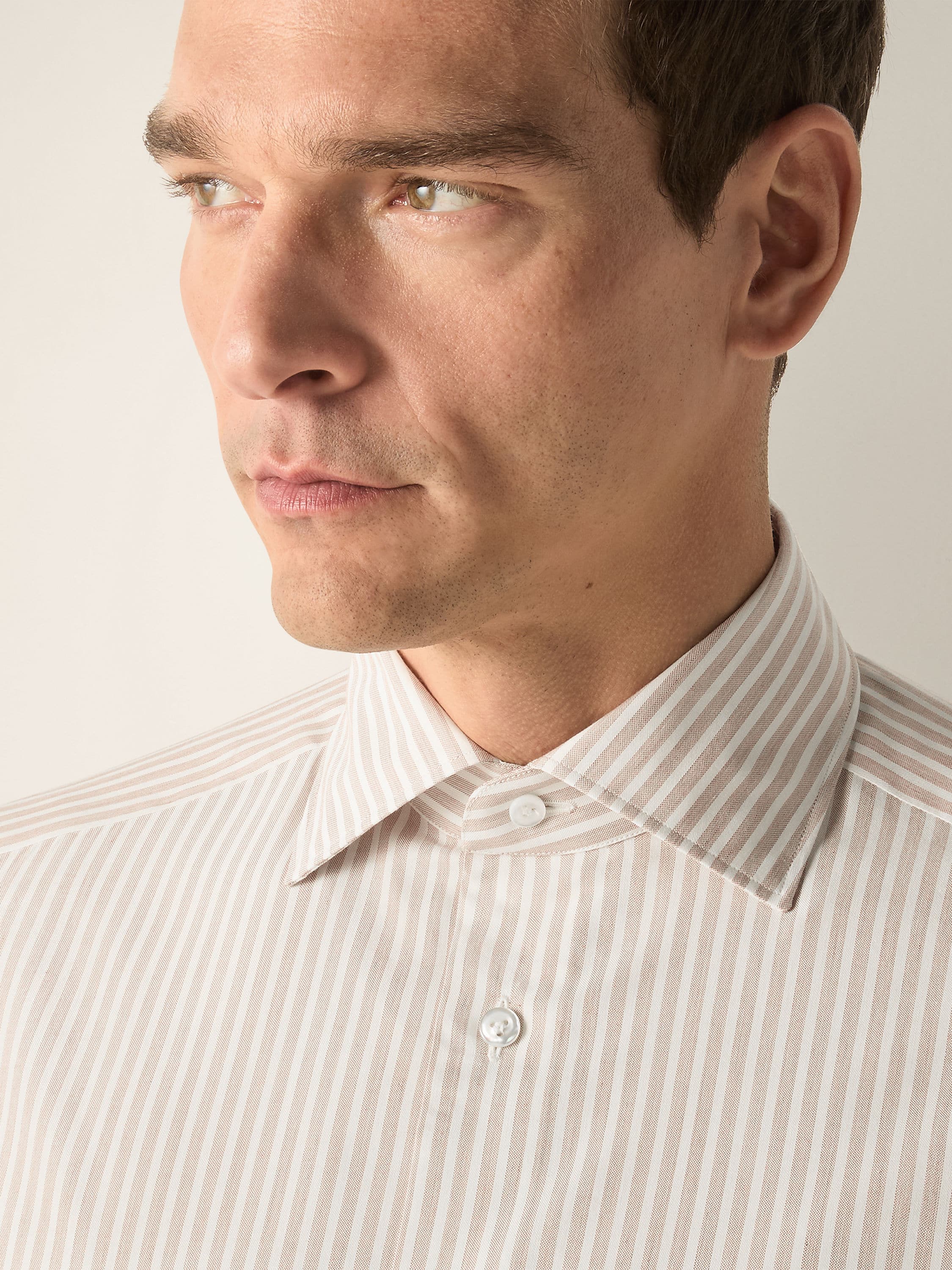 Light Brown and White Striped Silk Cotton and Cashmere Shirt Product detail photo #1