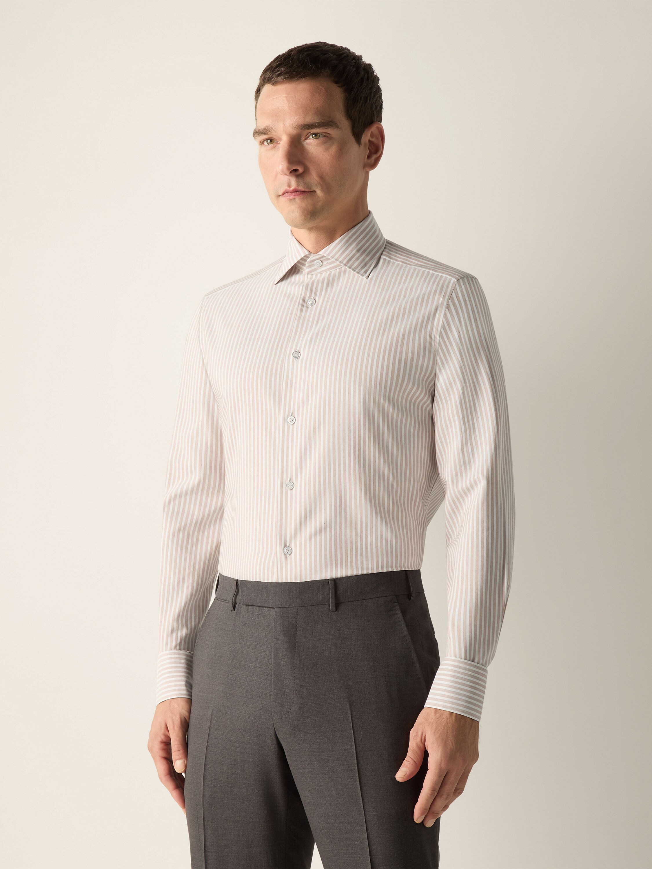 Light Brown and White Striped Silk Cotton and Cashmere Shirt Product detail photo #2