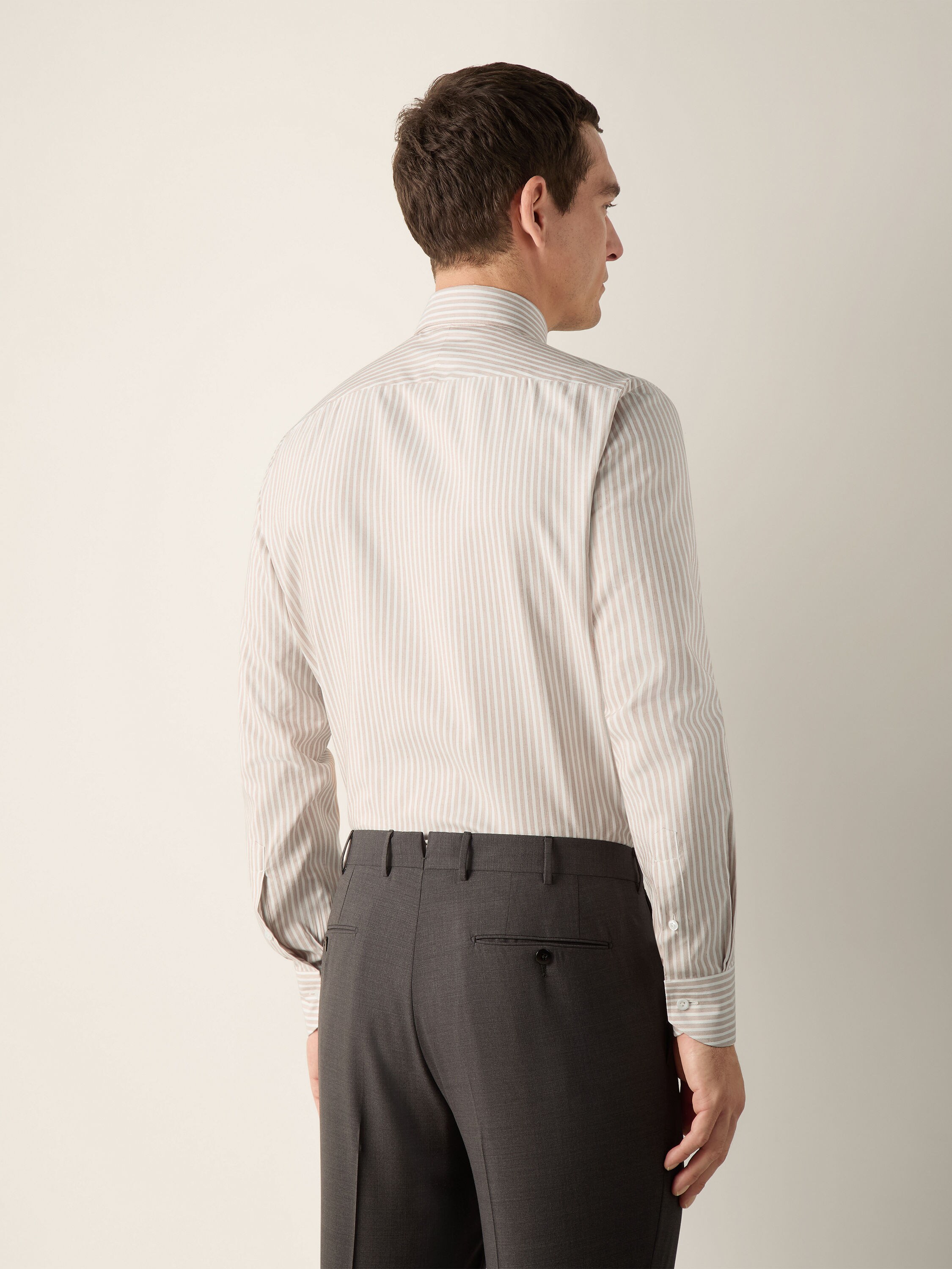 Light Brown and White Striped Silk Cotton and Cashmere Shirt Product detail photo #3