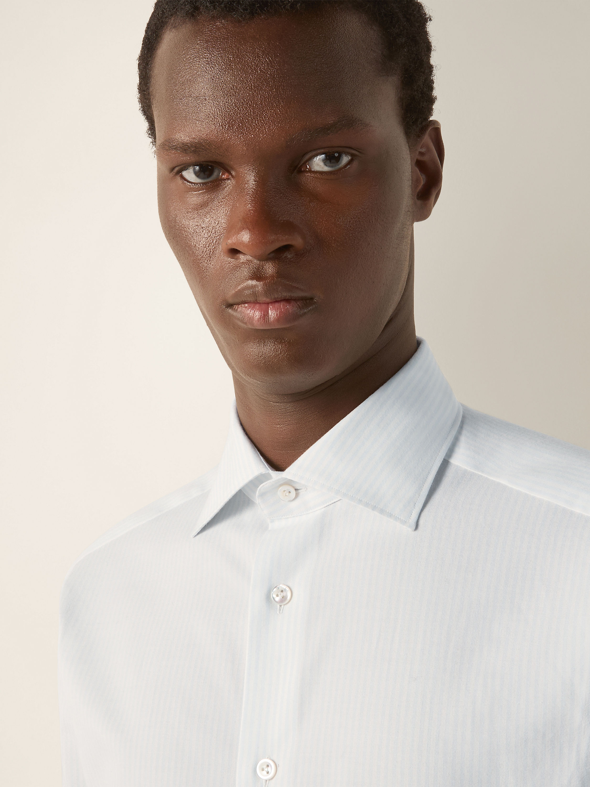 Light Blue and White Striped Cotton and Cashmere Shirt Product detail photo #1