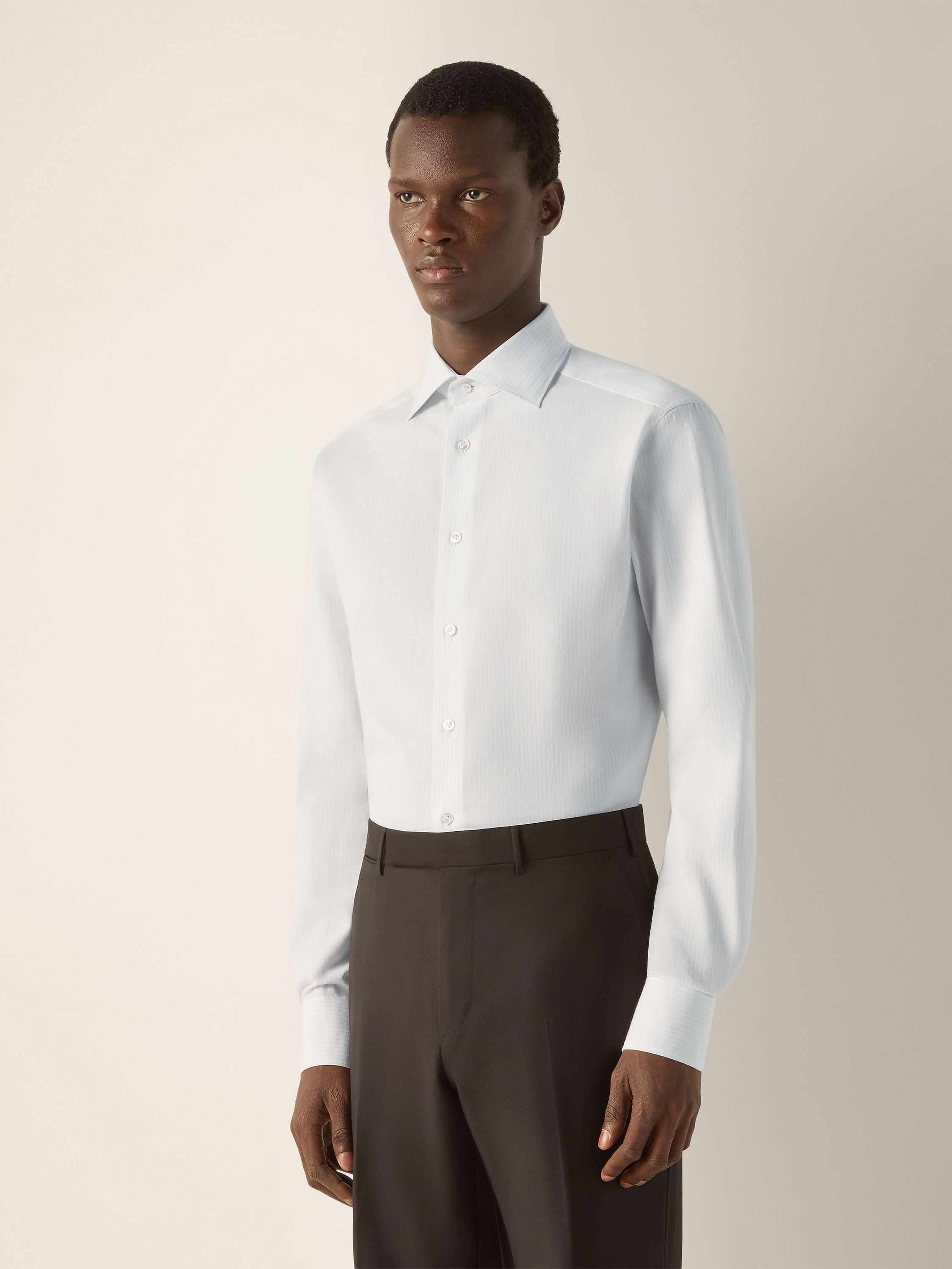 Light Blue and White Striped Cotton and Cashmere Shirt Product detail photo #2