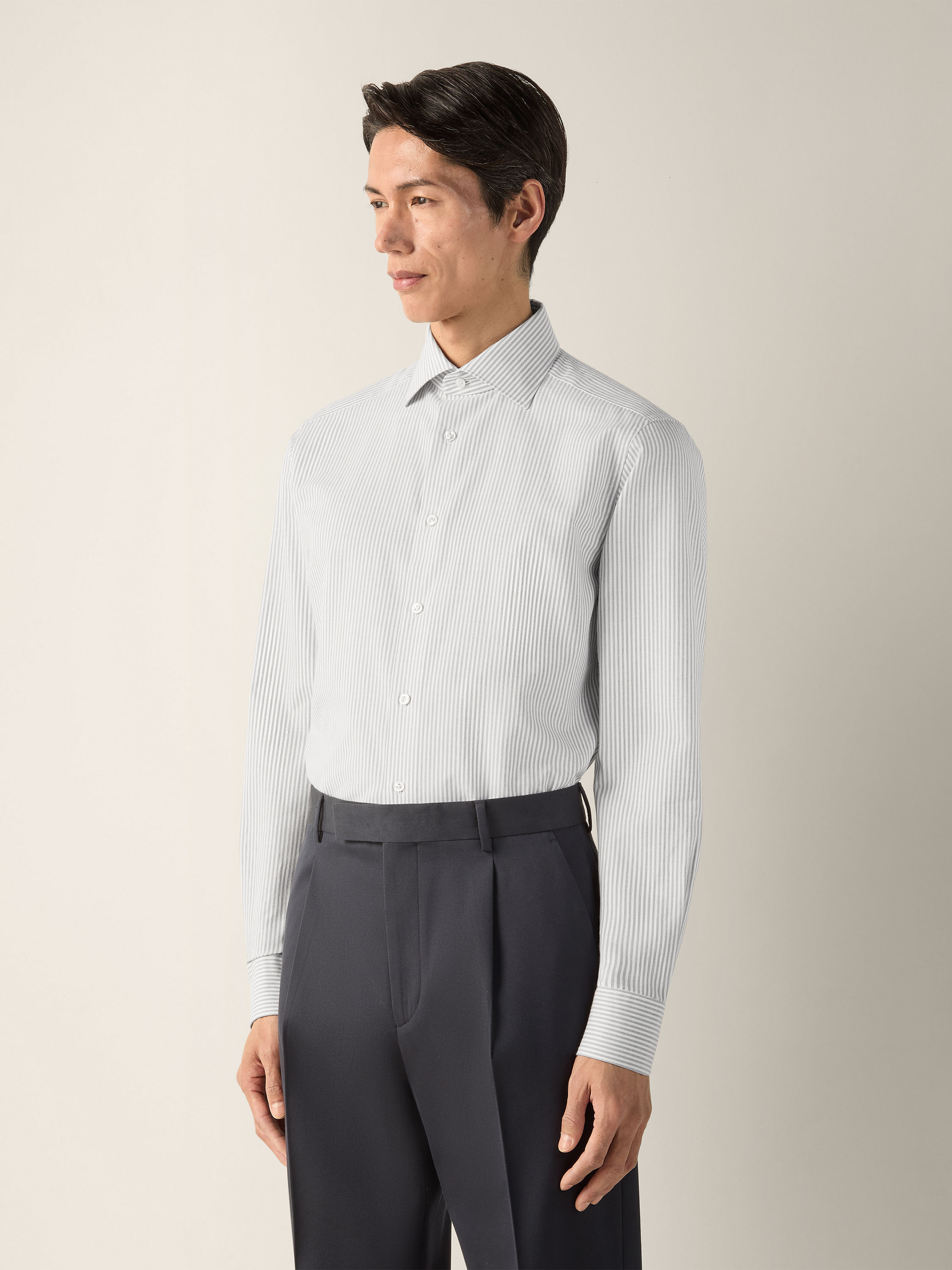 Navy Blue and White Striped Cotton and Cashmere Shirt Product detail photo #2