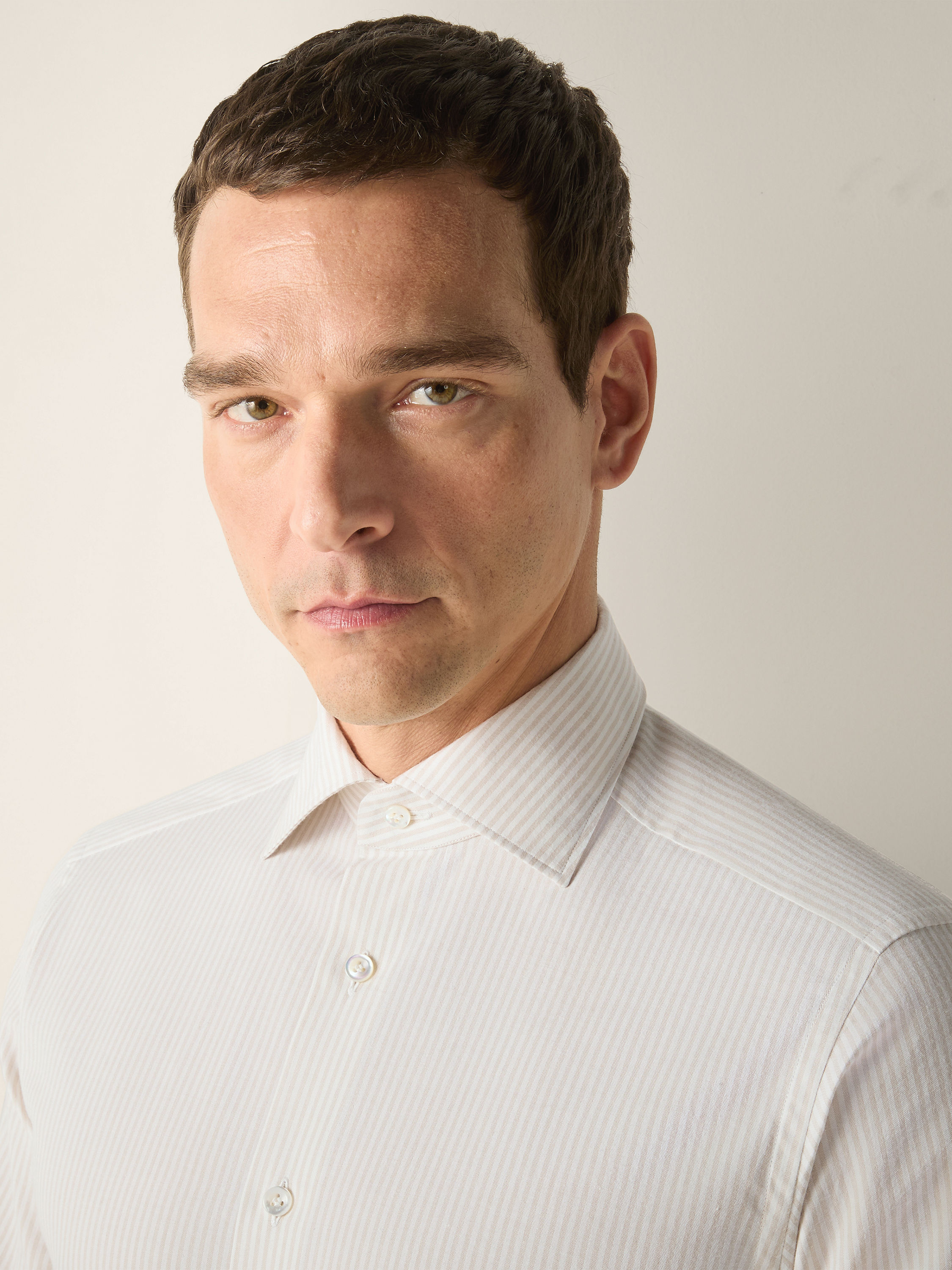 White and Light Beige Striped Cotton and Cashmere Shirt Product detail photo #1