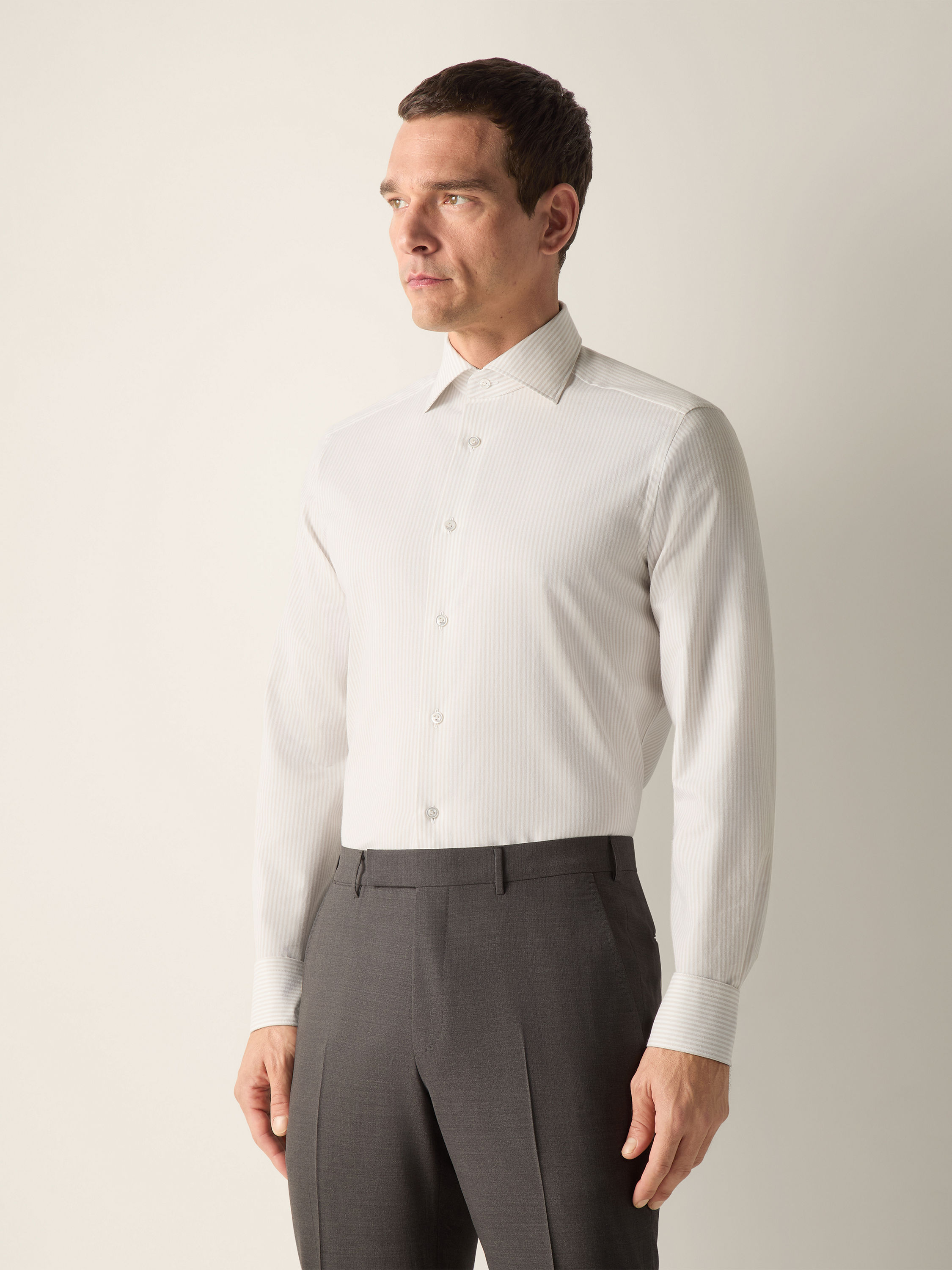 White and Light Beige Striped Cotton and Cashmere Shirt Product detail photo #2