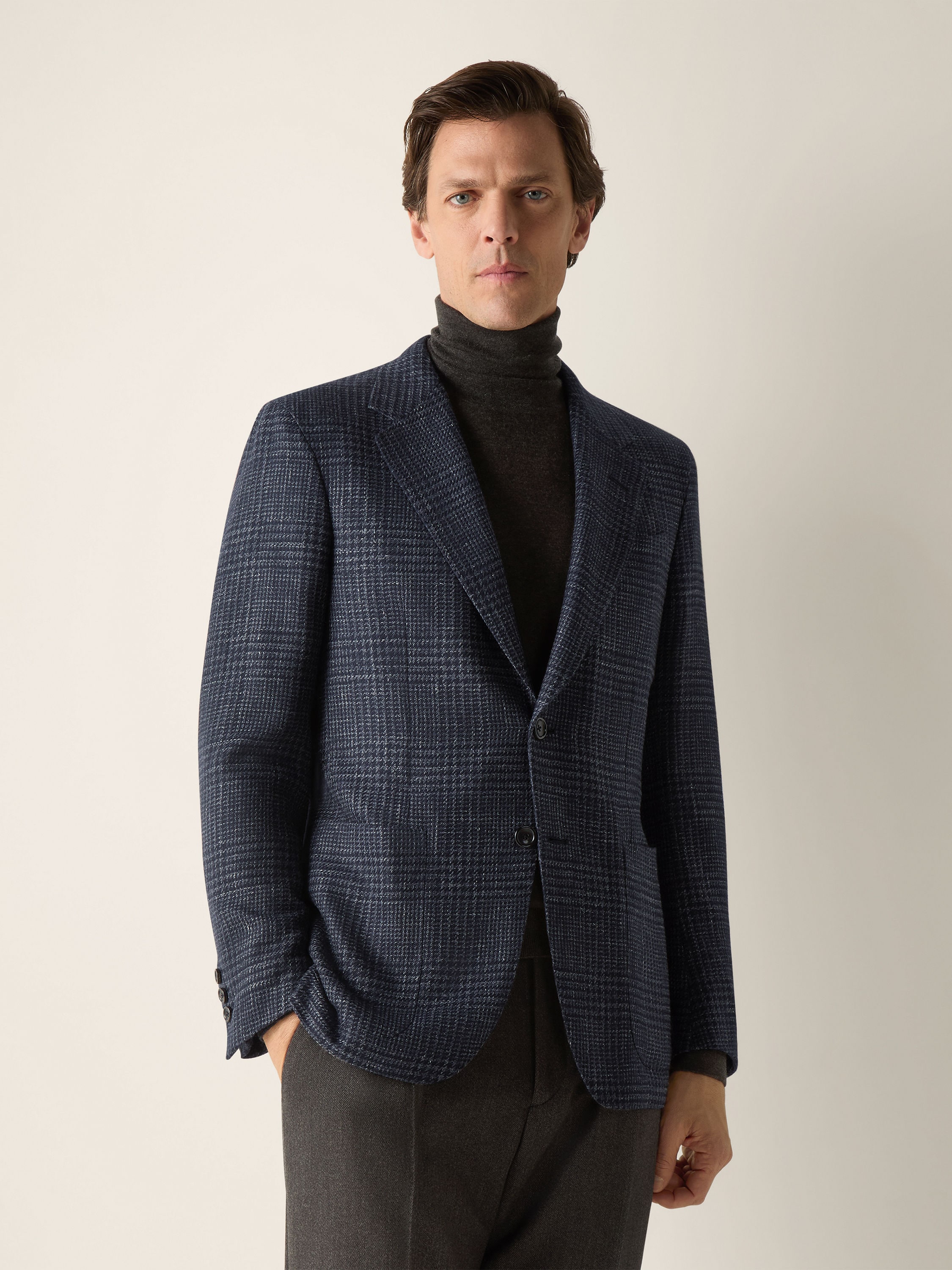 Navy Blue Cashmere Silk and Linen Jacket Product detail photo #3