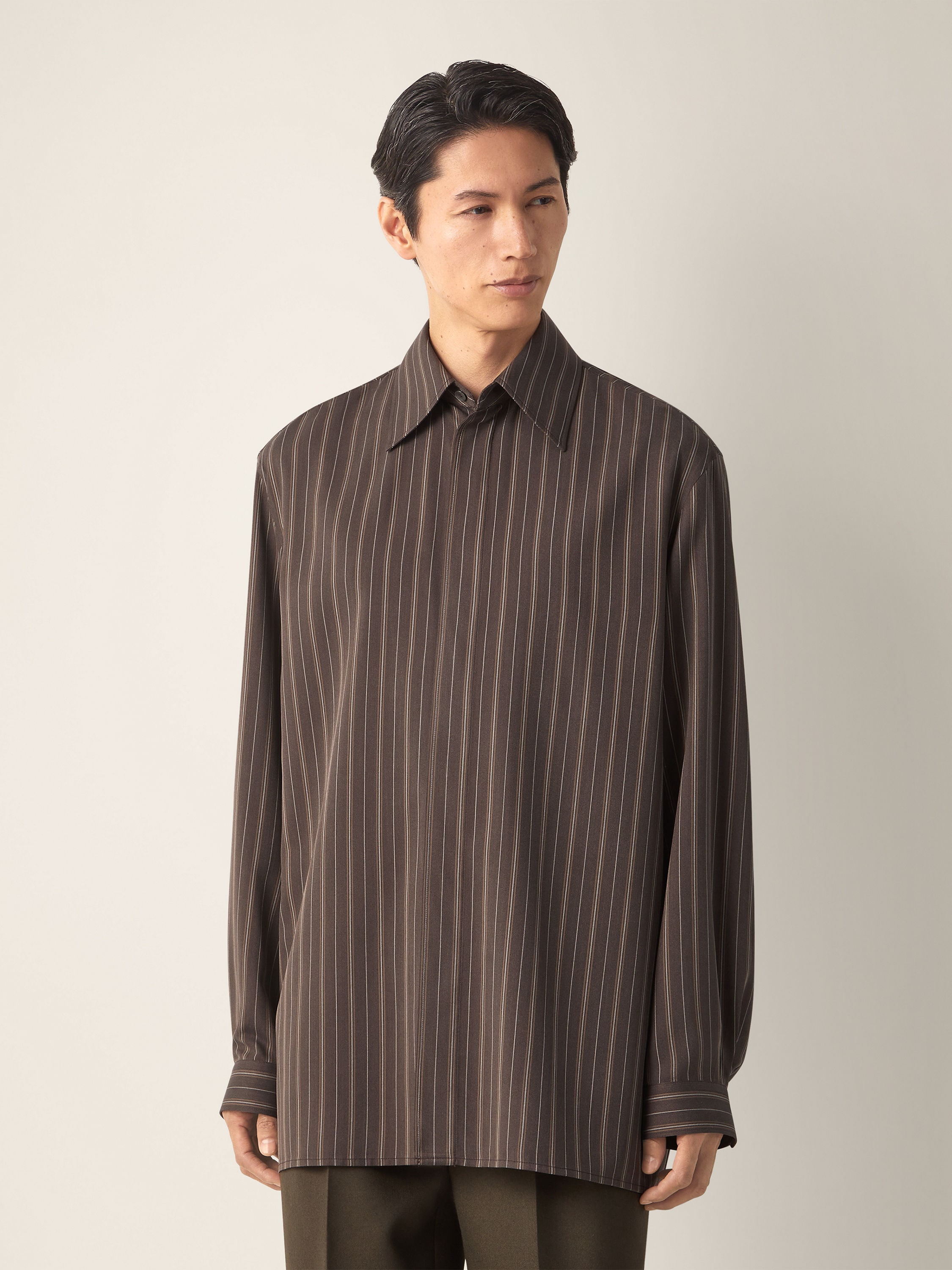 Dark Brown and Cream White Pinstriped Silk Shirt Product detail photo #2