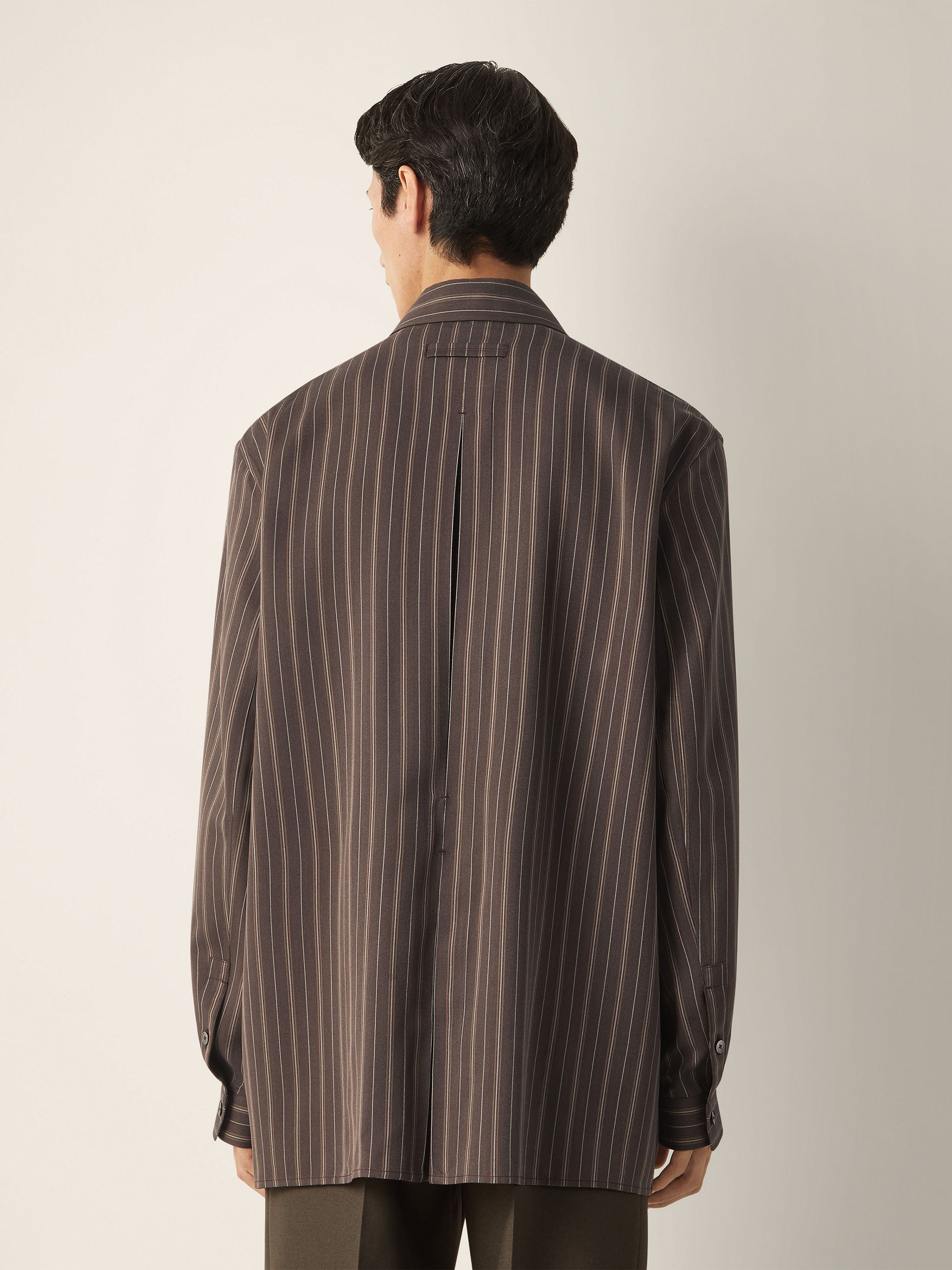 Dark Brown and Cream White Pinstriped Silk Shirt Product detail photo #3